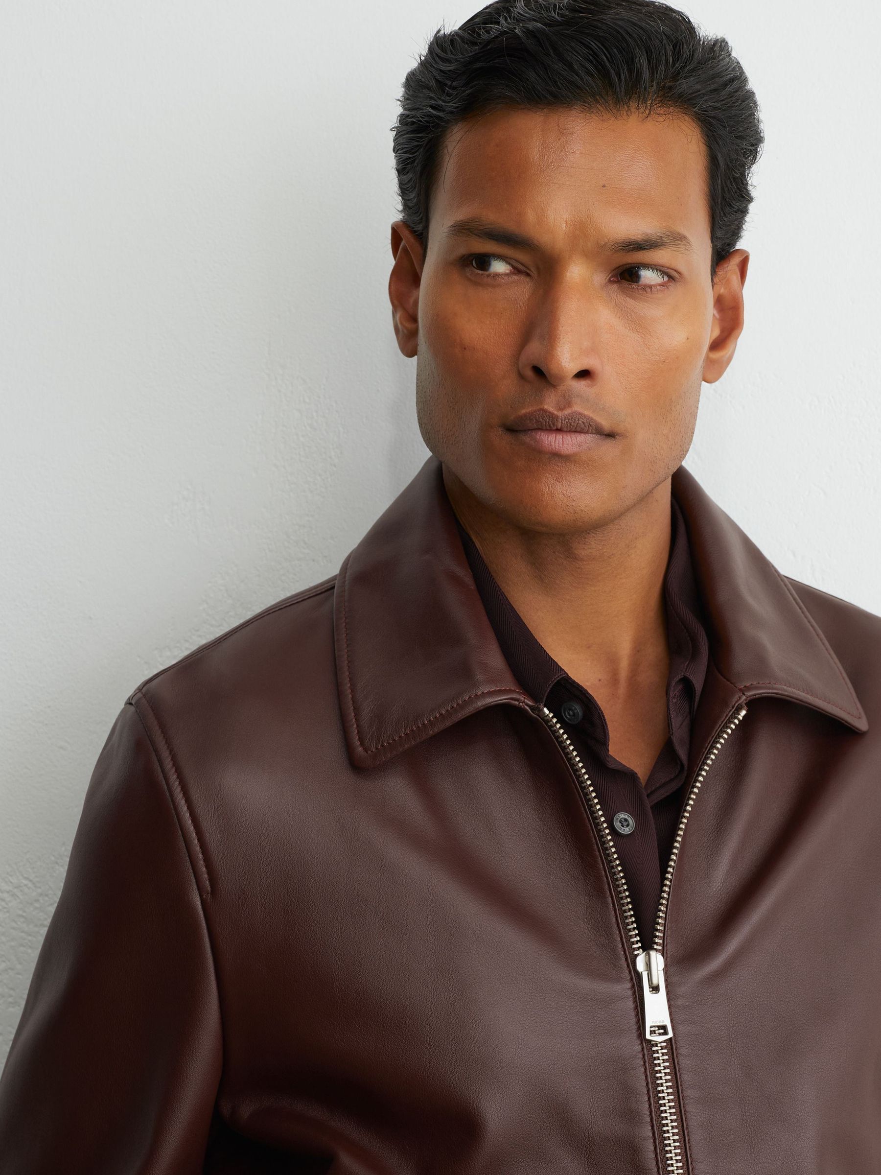 Leather Zip-Through Collared Bomber Jacket in Bordeaux - Image 7 of 9