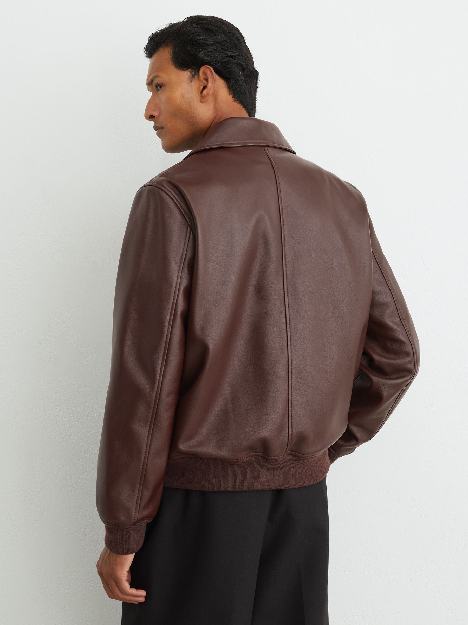 Leather Zip-Through Collared Bomber Jacket in Bordeaux - Image 8 of 9