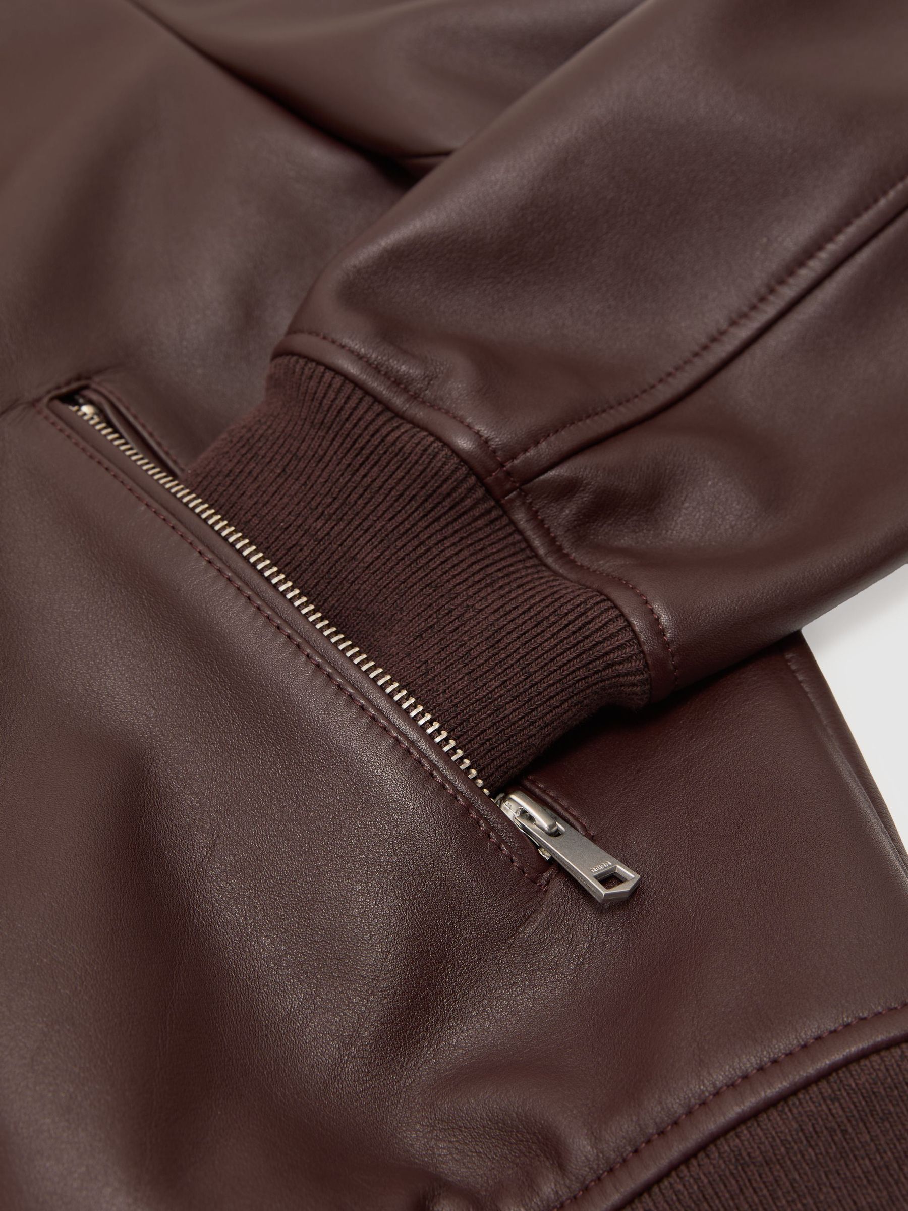 Leather Zip-Through Collared Bomber Jacket in Bordeaux - Image 9 of 9