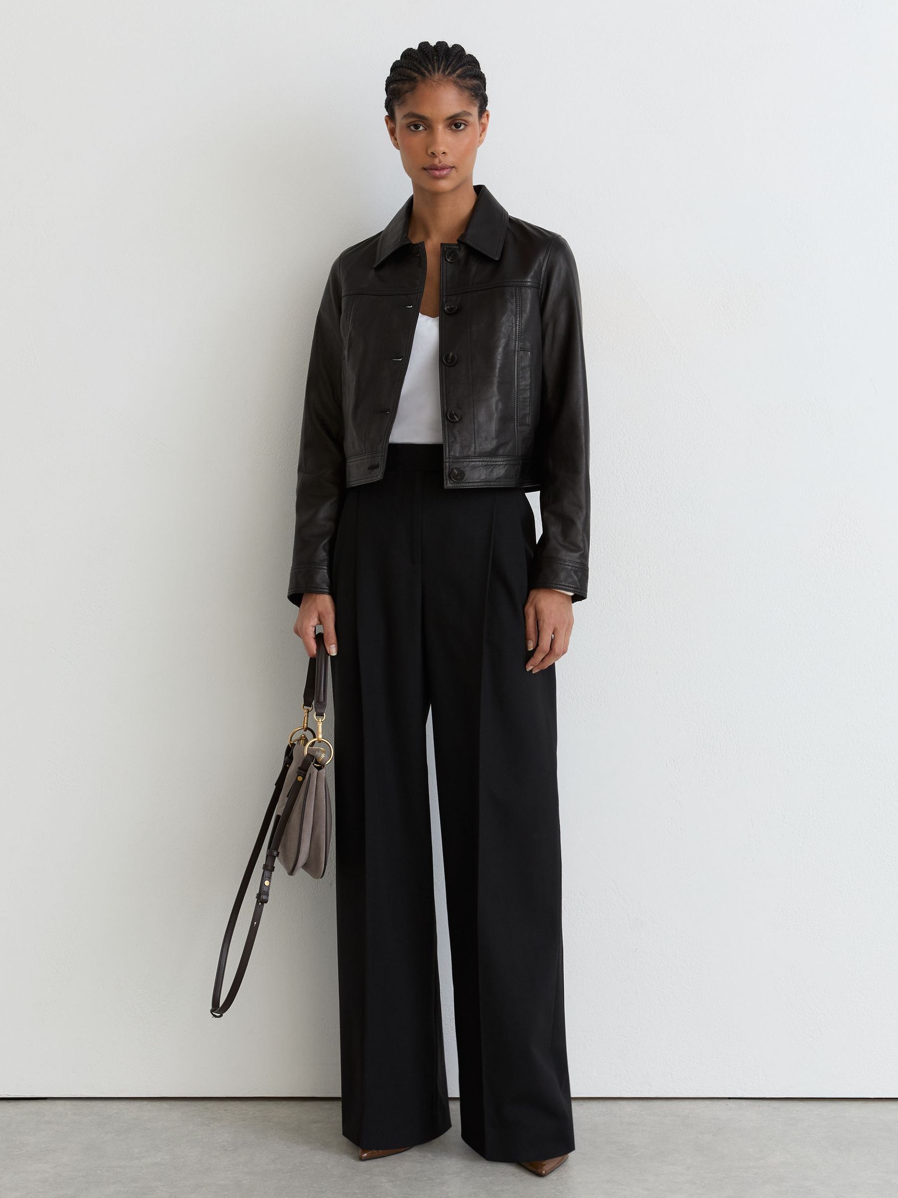 Petite Leather Trucker Jacket in Black - Image 1 of 7