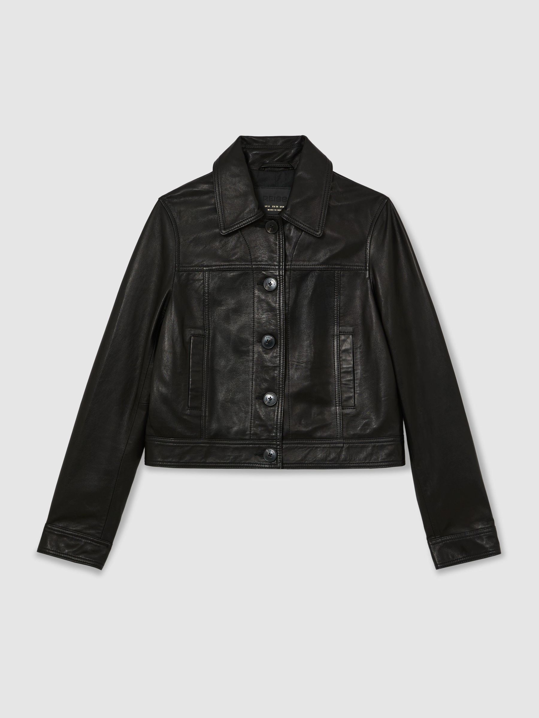 Petite Leather Trucker Jacket in Black - Image 2 of 7
