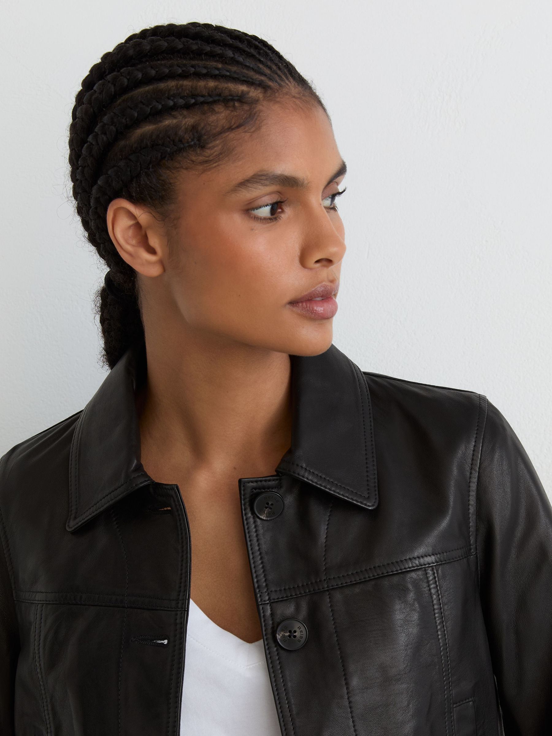 Petite Leather Trucker Jacket in Black - Image 4 of 7
