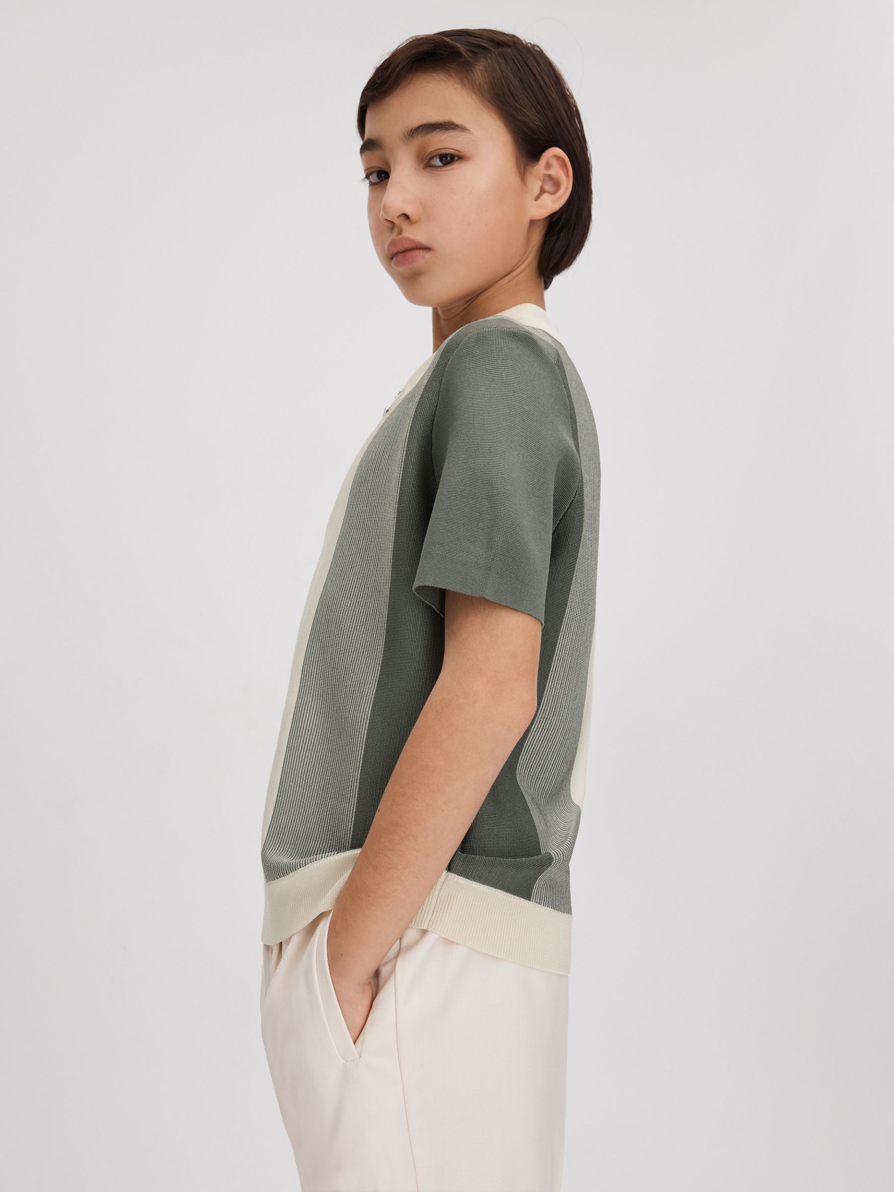 9-14 yrs Half-Zip Striped Polo Shirt in Sage - Image 1 of 4