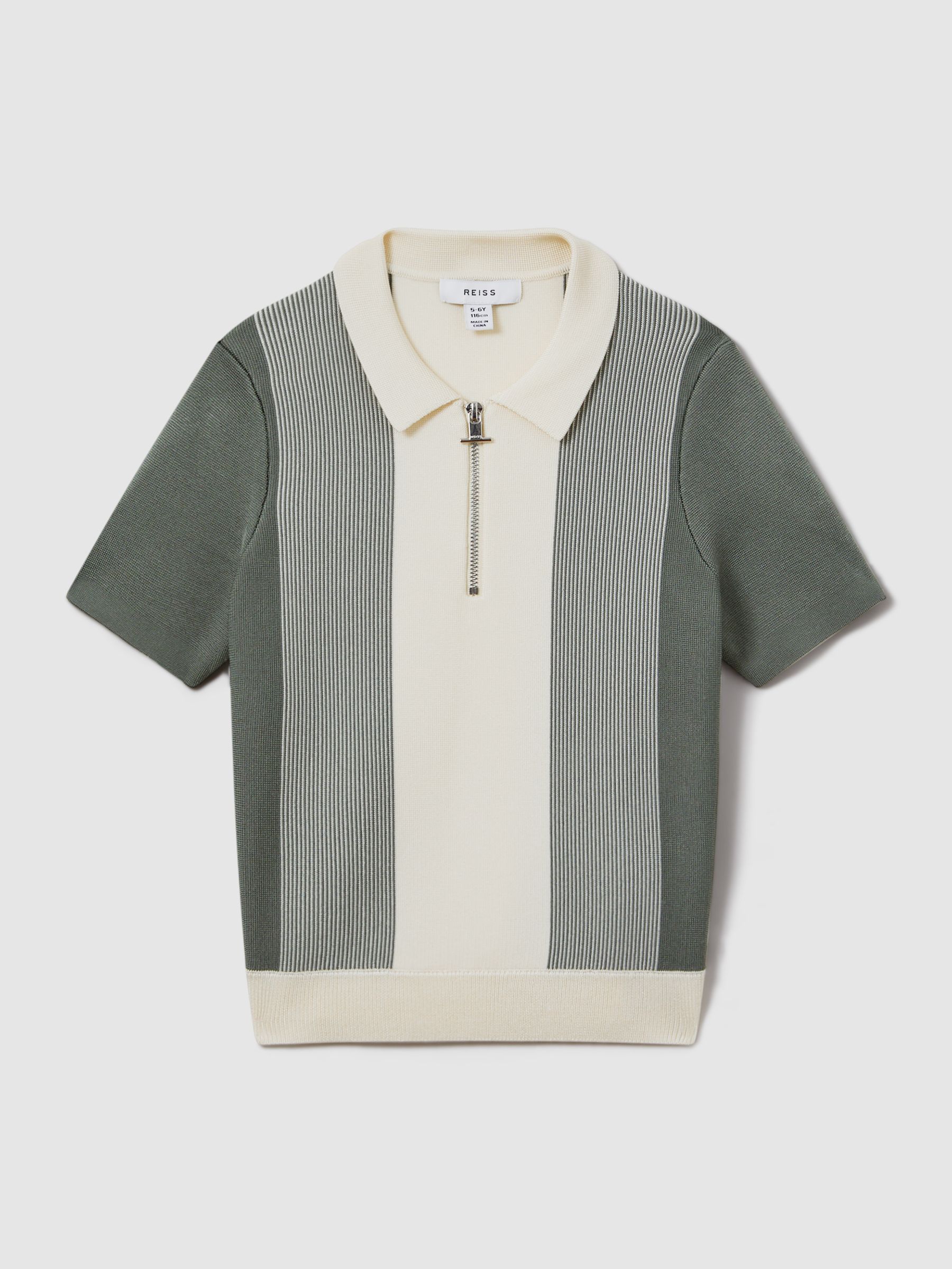 9-14 yrs Half-Zip Striped Polo Shirt in Sage - Image 2 of 4