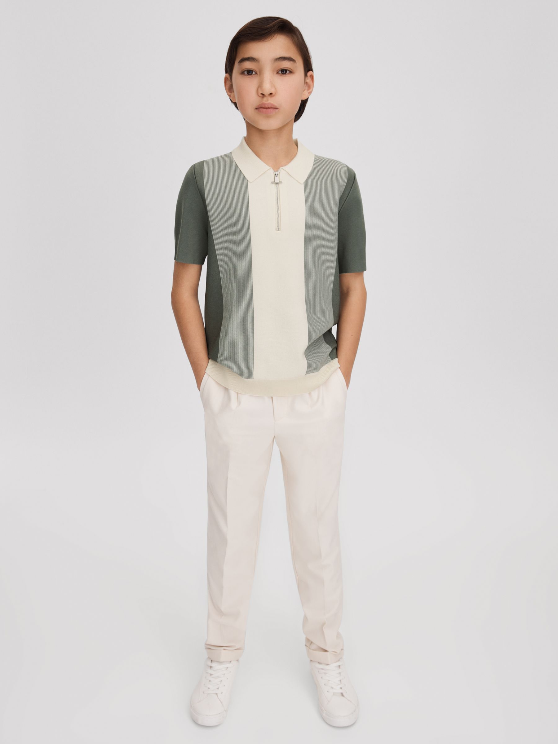 9-14 yrs Half-Zip Striped Polo Shirt in Sage - Image 3 of 4
