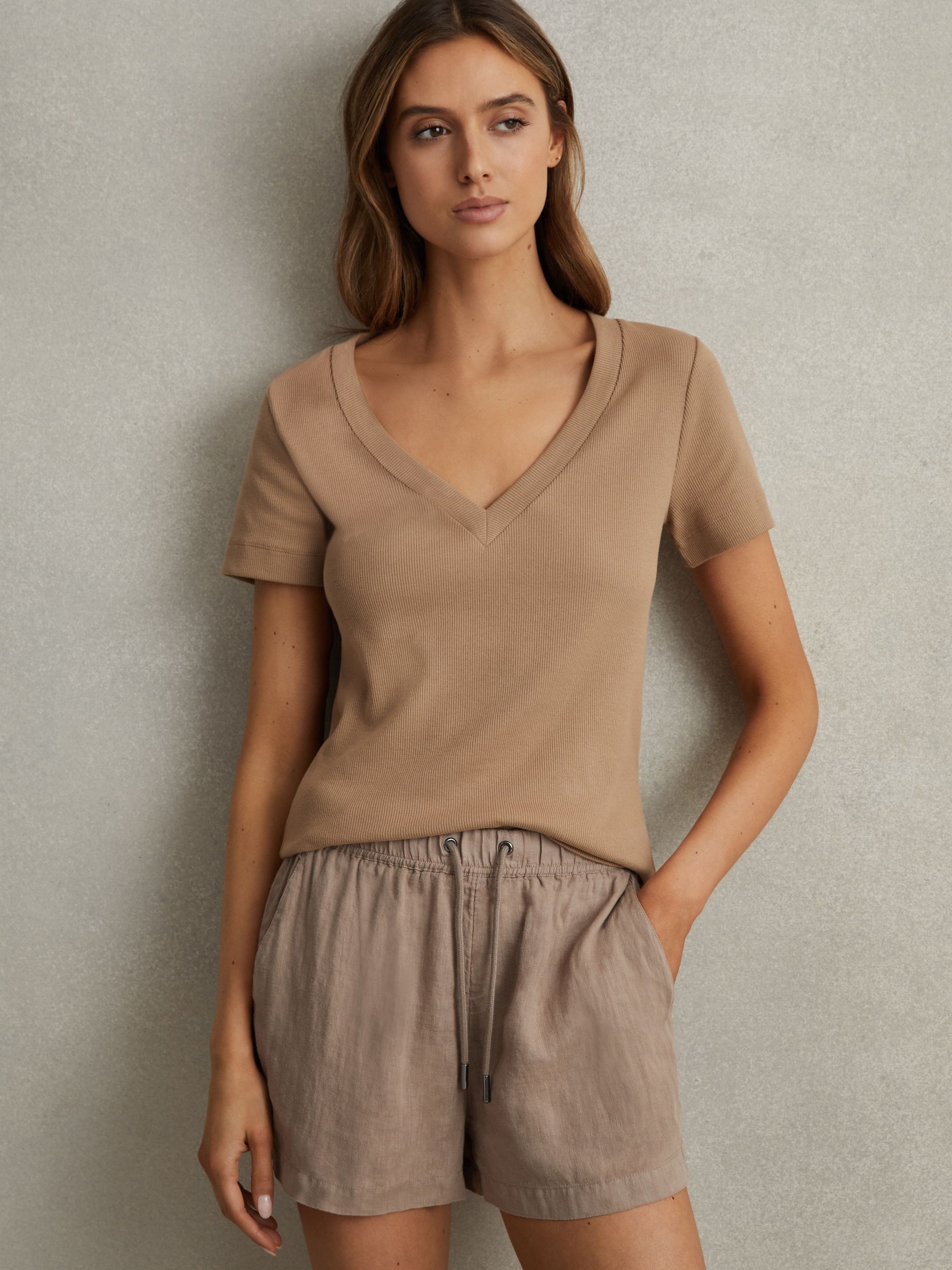 Cotton Blend Ribbed V-Neck Top in Camel - Image 1 of 6