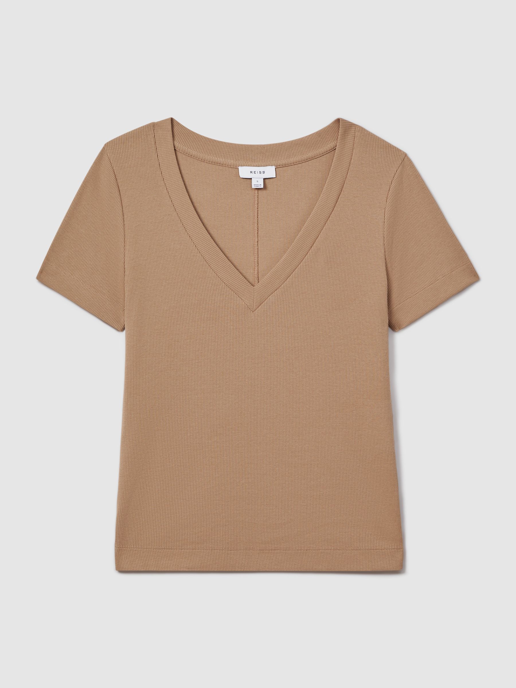 Cotton Blend Ribbed V-Neck Top in Camel - Image 2 of 6