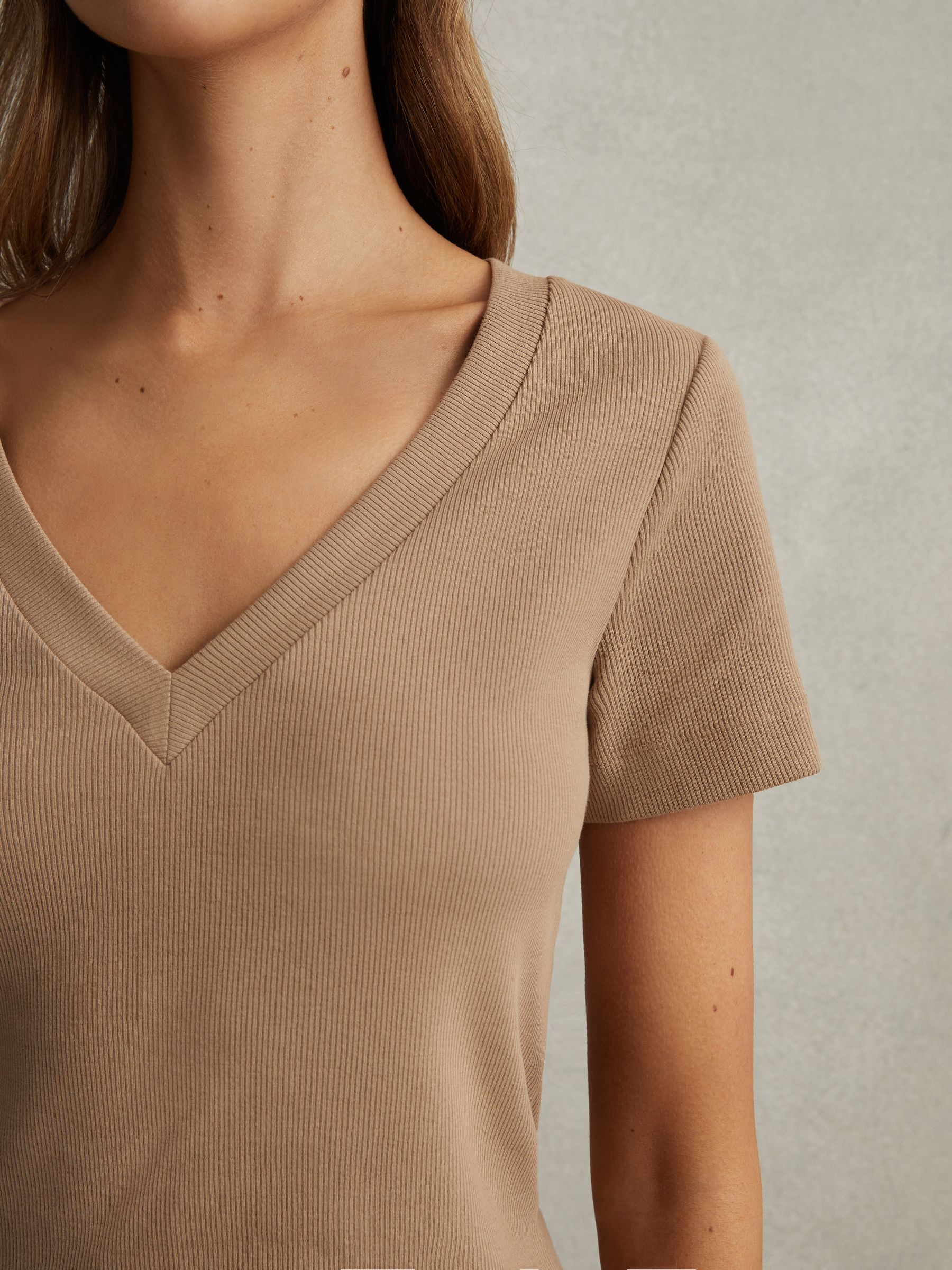Cotton Blend Ribbed V-Neck Top in Camel - Image 3 of 6