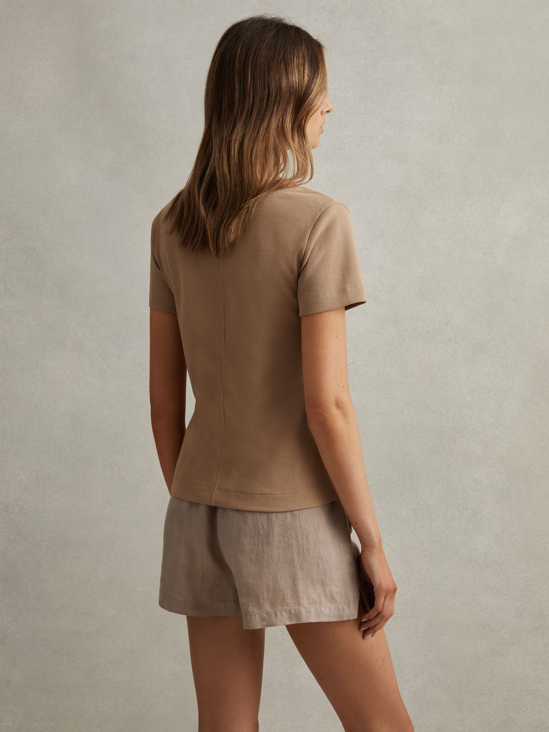 Cotton Blend Ribbed V-Neck Top in Camel - Image 4 of 6