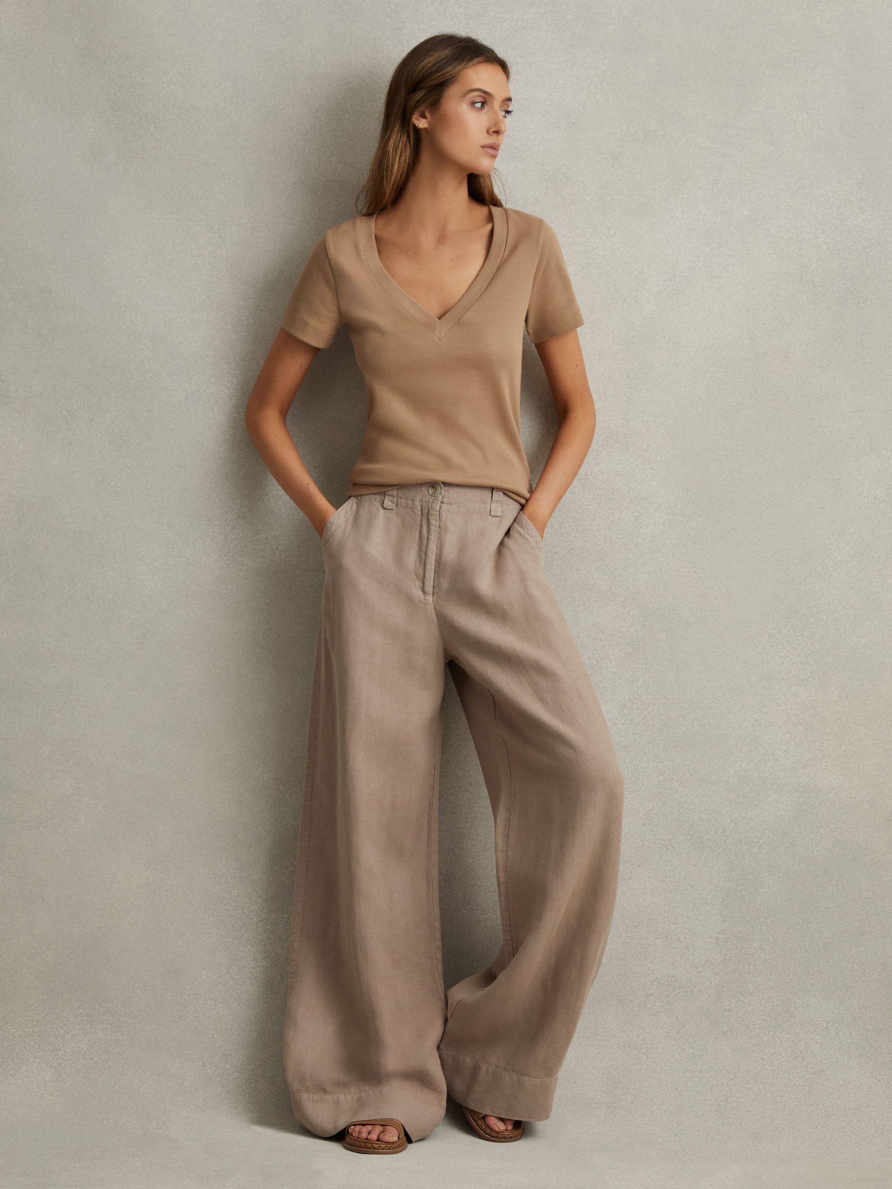 Cotton Blend Ribbed V-Neck Top in Camel - Image 5 of 6