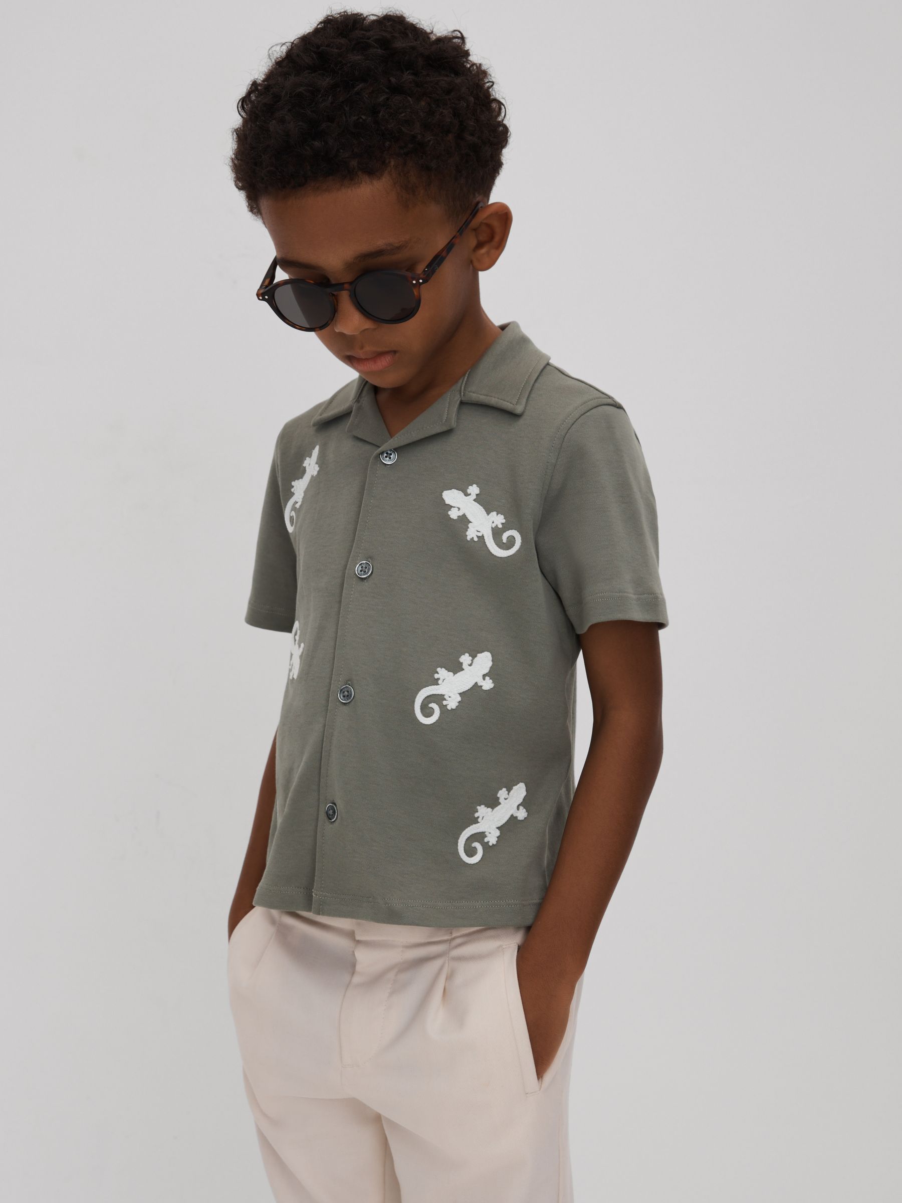 3-9 yrs Cotton Reptile Patch Cuban Collar Shirt in Sage/White - Image 1 of 4