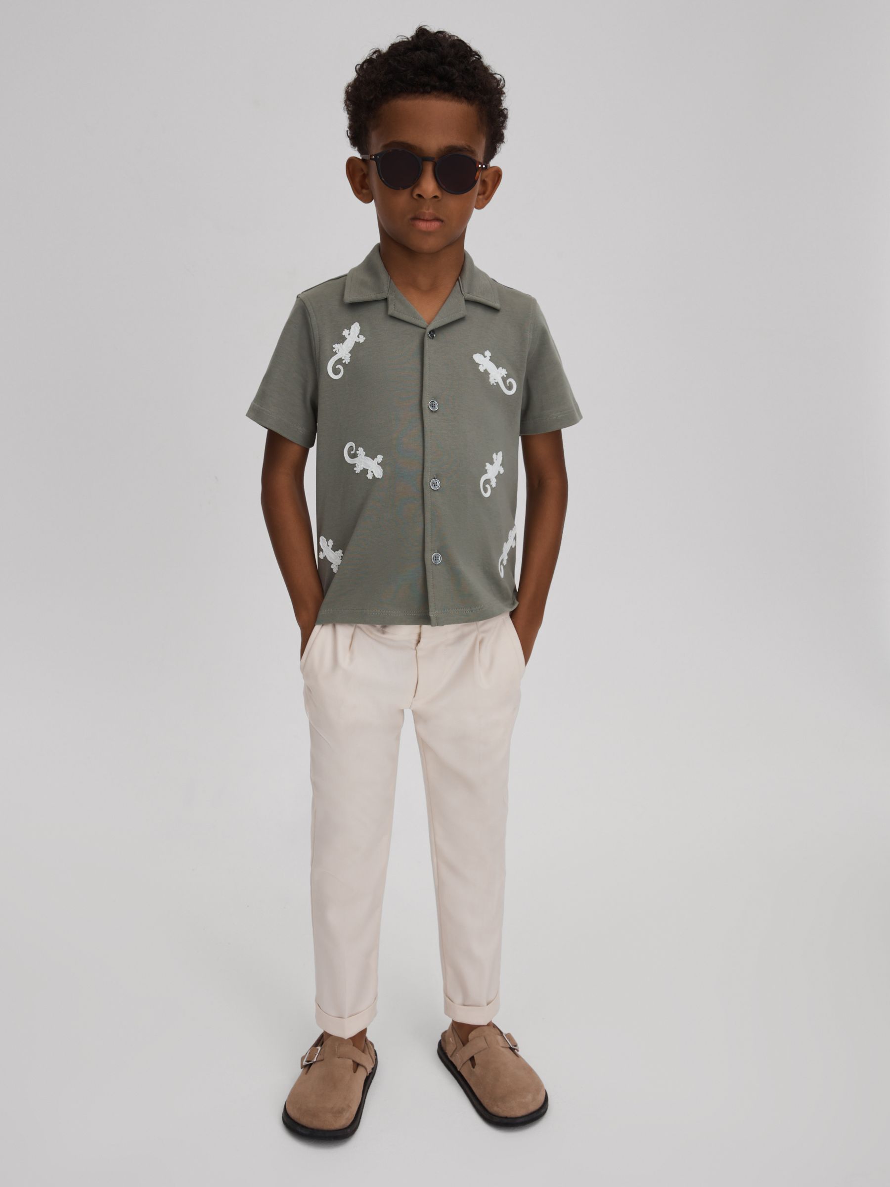 3-9 yrs Cotton Reptile Patch Cuban Collar Shirt in Sage/White - Image 3 of 4