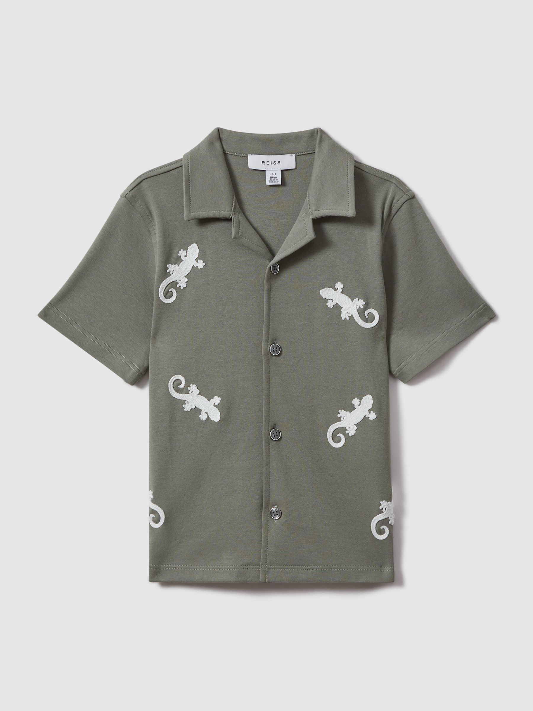 9-13 yrs Cotton Reptile Patch Cuban Collar Shirt in Sage/White - Image 2 of 4