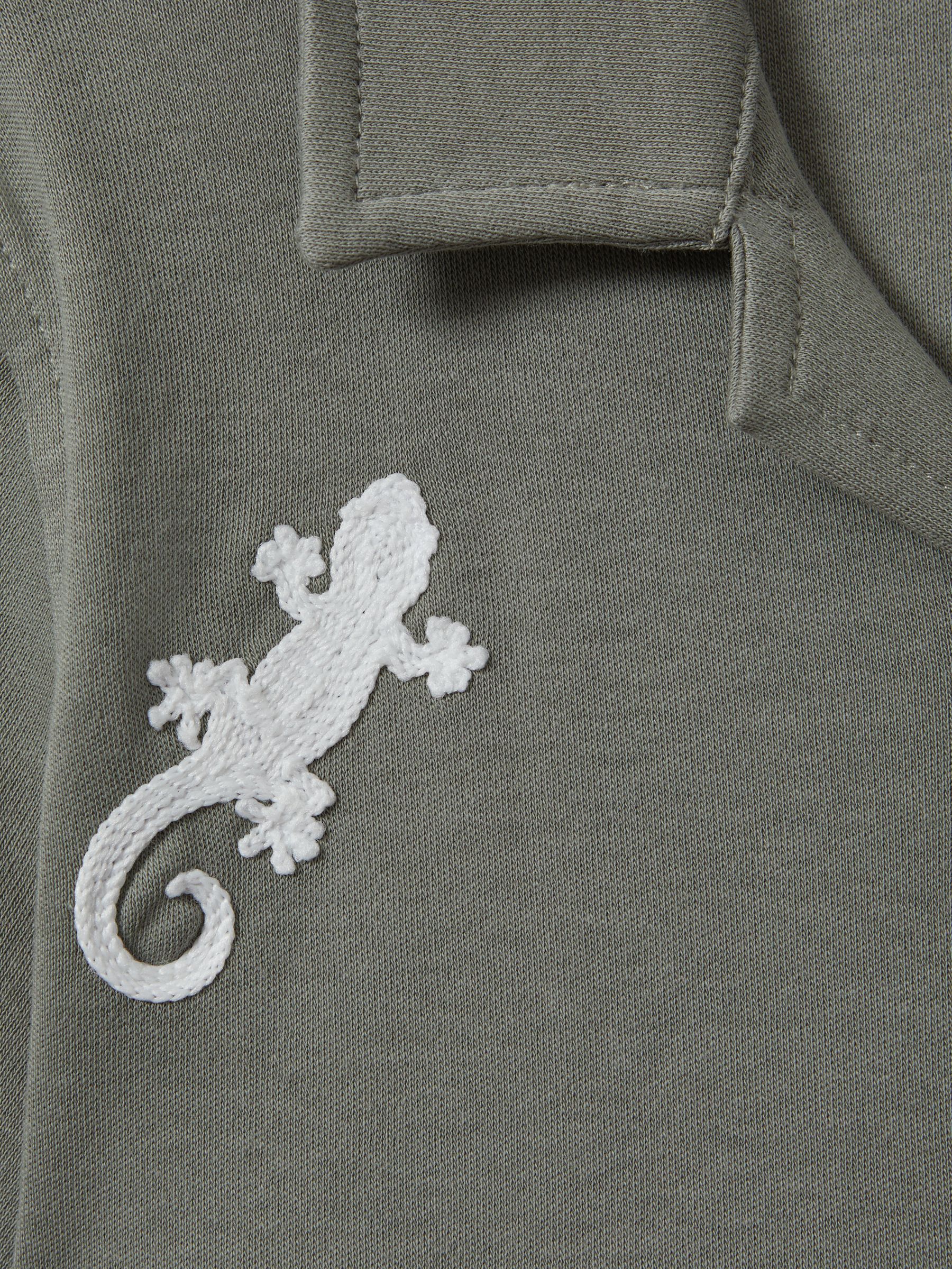 9-13 yrs Cotton Reptile Patch Cuban Collar Shirt in Sage/White - Image 4 of 4