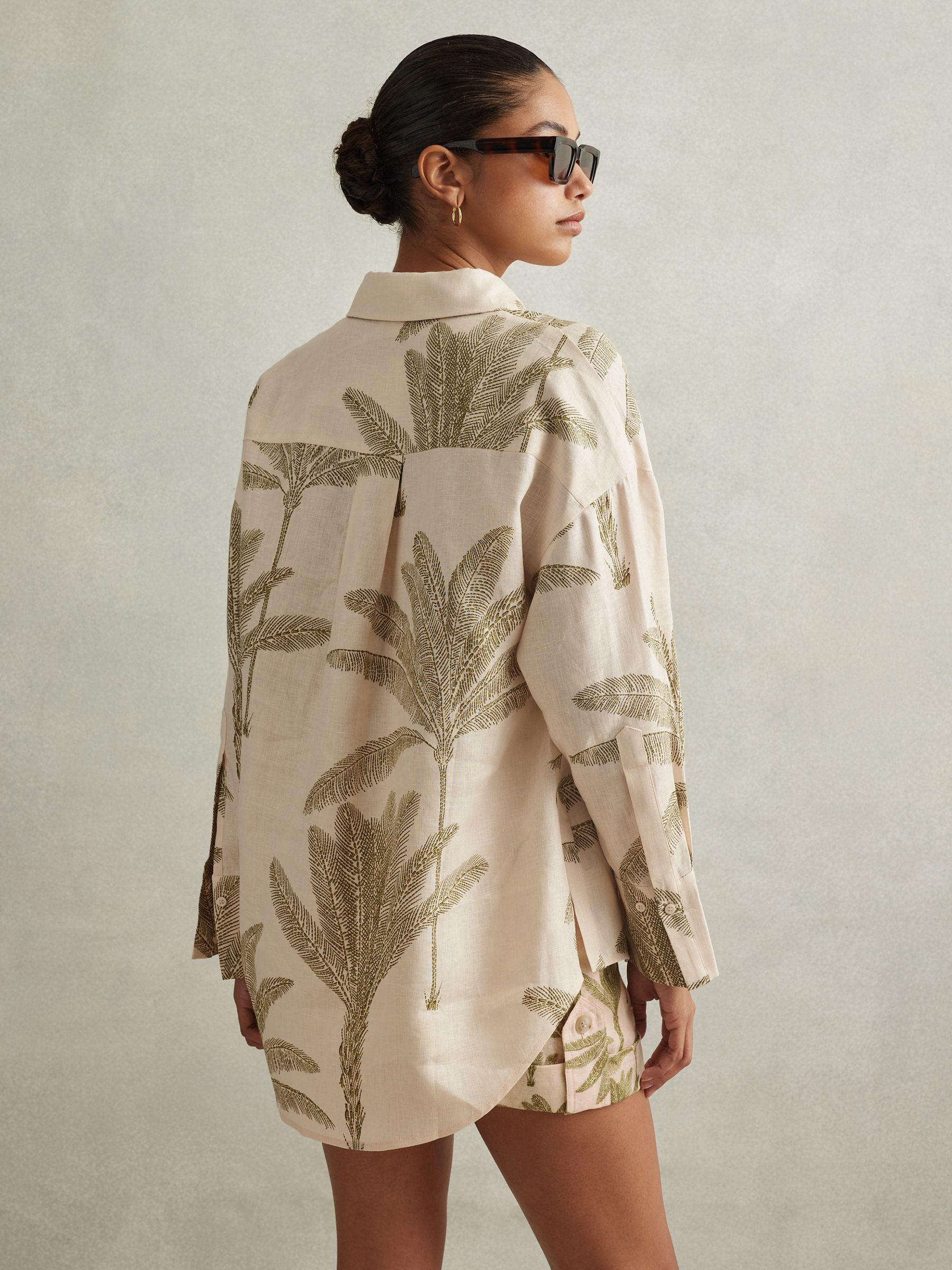 Linen Tropical Print Shirt in Neutral - Image 4 of 6 Linen Tropical Print Shirt in Neutral - Image 4 of 6