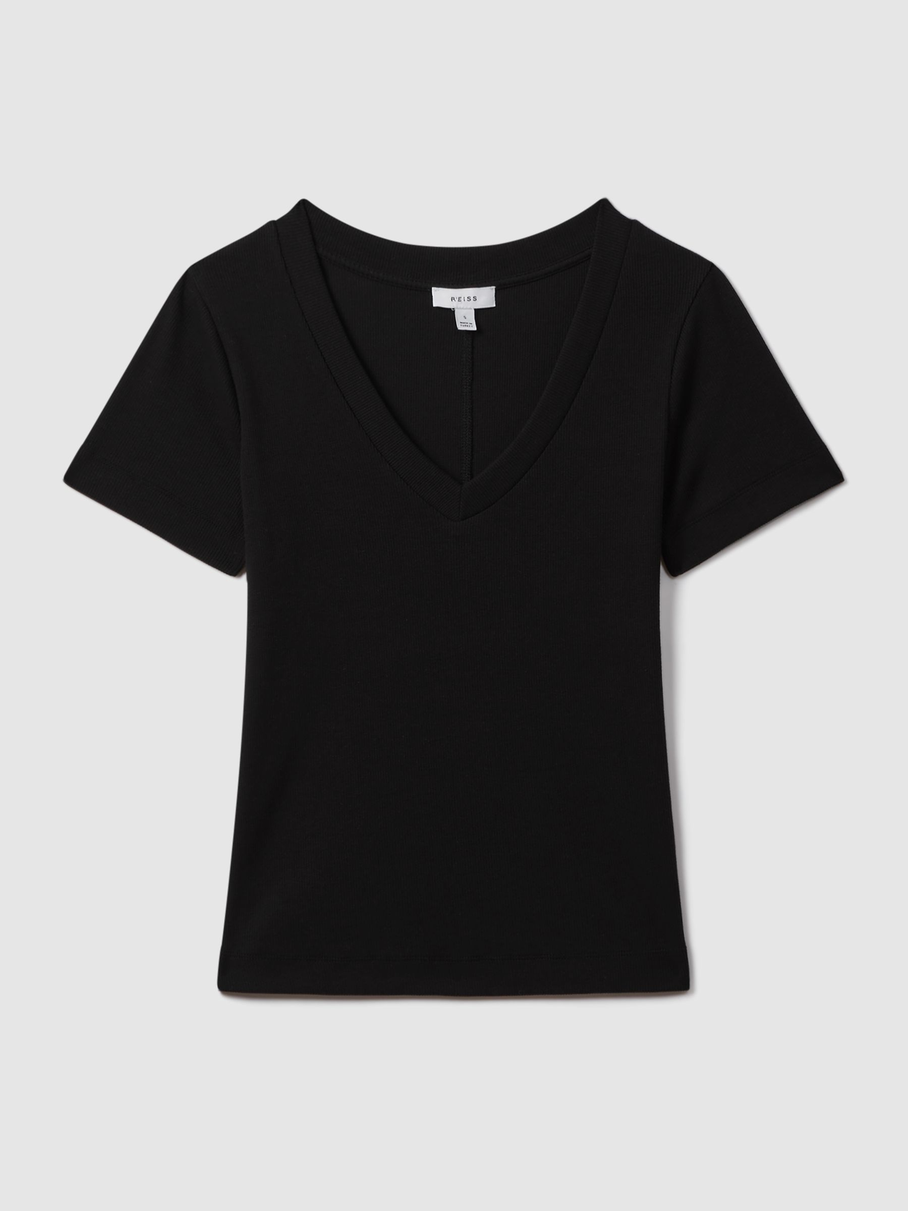 Cotton Blend Ribbed V-Neck Top in Black - Image 2 of 6