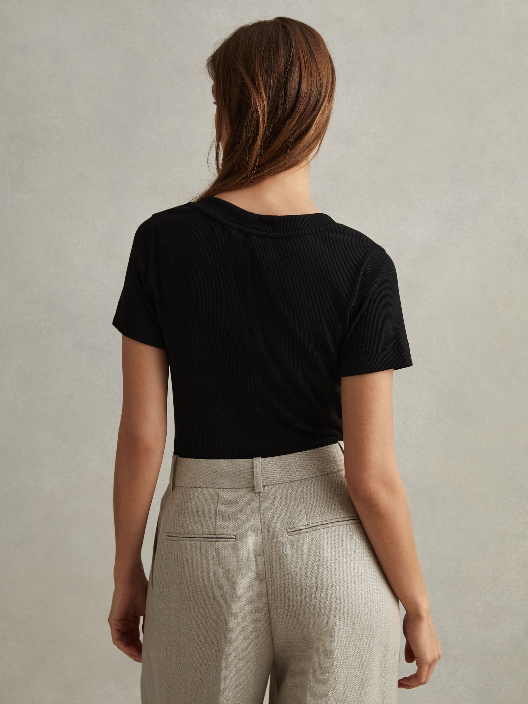 Cotton Blend Ribbed V-Neck Top in Black - Image 4 of 6