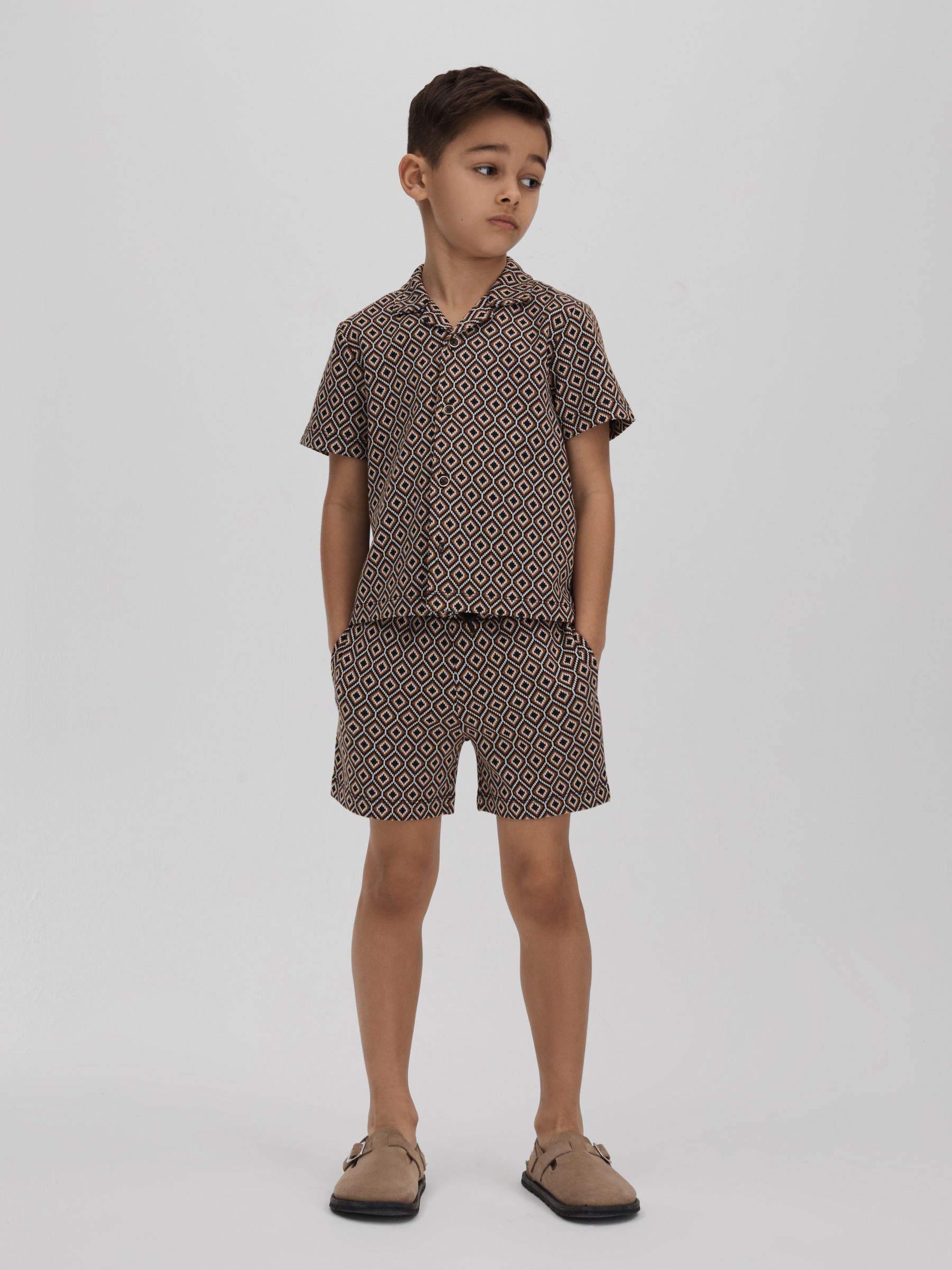3-9 yrs Jacquard Cuban Collar Shirt in Tobacco Multi - Image 1 of 4 3-9 yrs Jacquard Cuban Collar Shirt in Tobacco Multi - Image 1 of 4