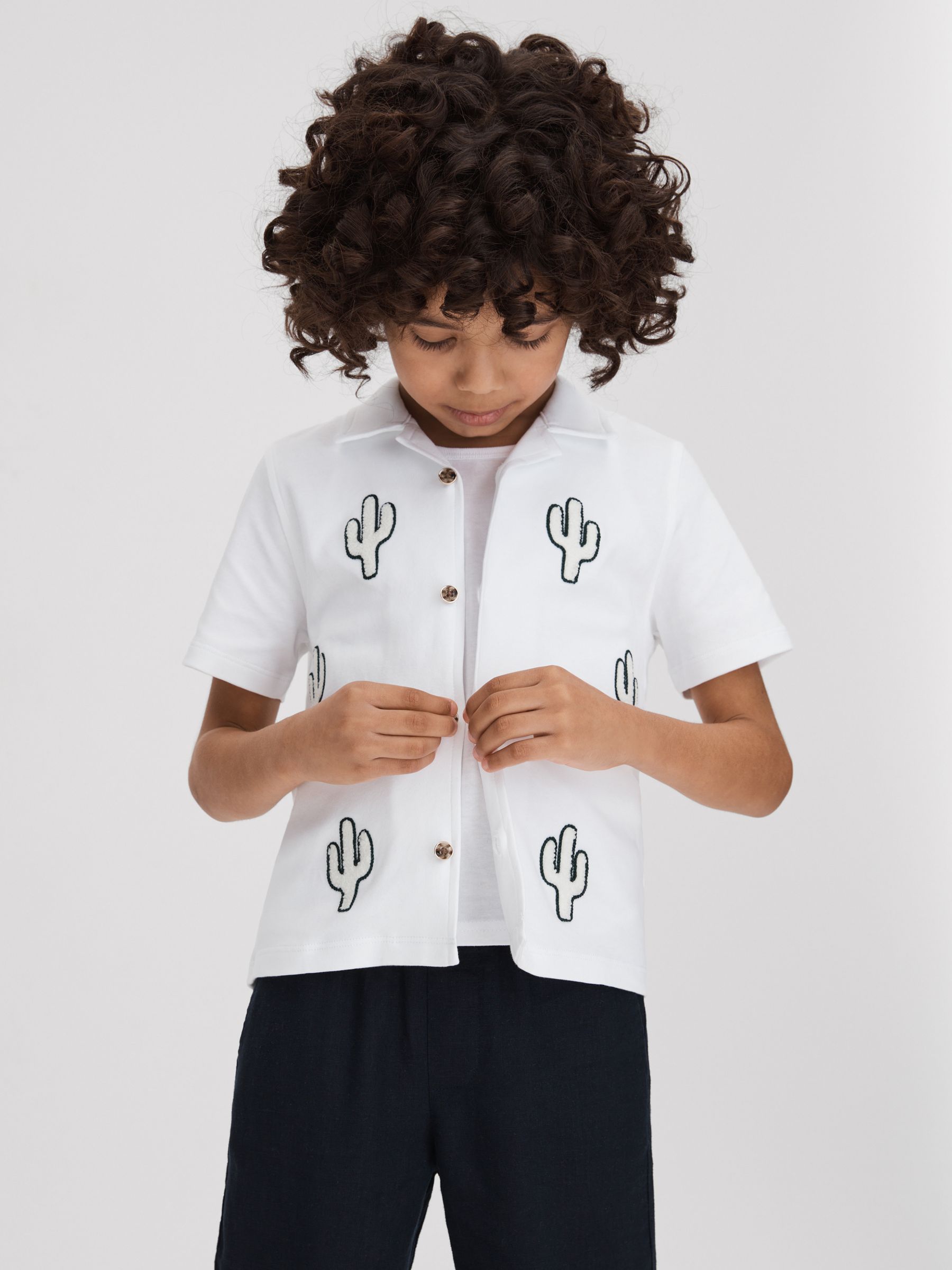 9-13 yrs Cotton Cactus Cuban Collar Shirt in White - Image 1 of 4 9-13 yrs Cotton Cactus Cuban Collar Shirt in White - Image 1 of 4