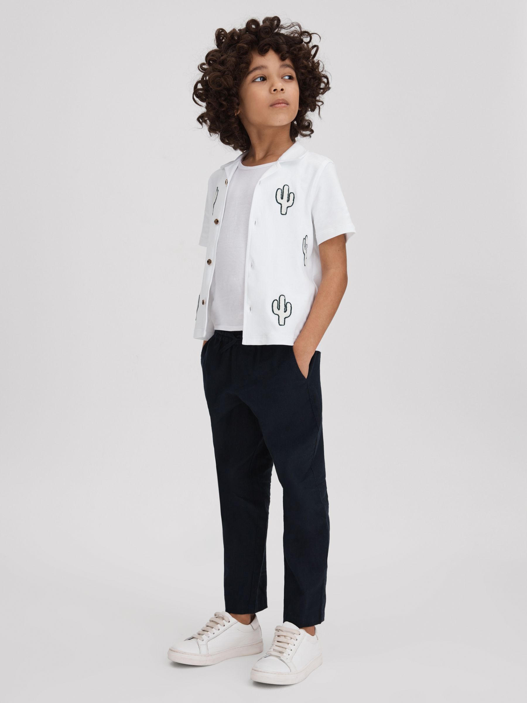 9-13 yrs Cotton Cactus Cuban Collar Shirt in White - Image 3 of 4