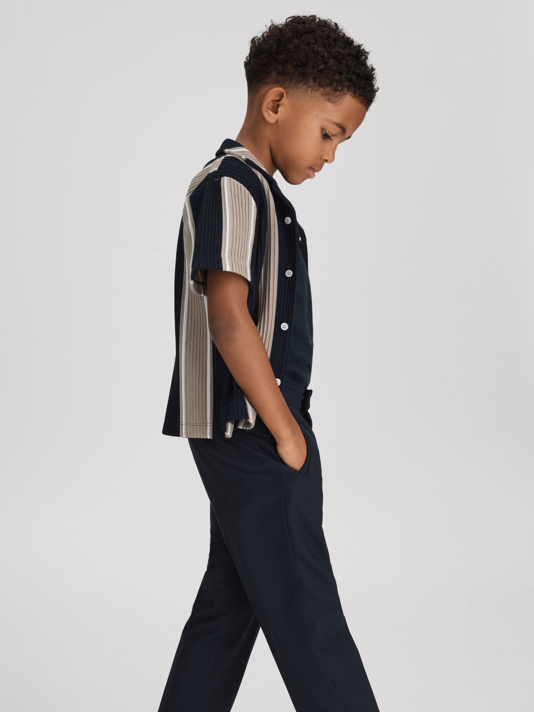 Senior Ribbed Cuban Collar Shirt in Navy/Stone - Image 1 of 4