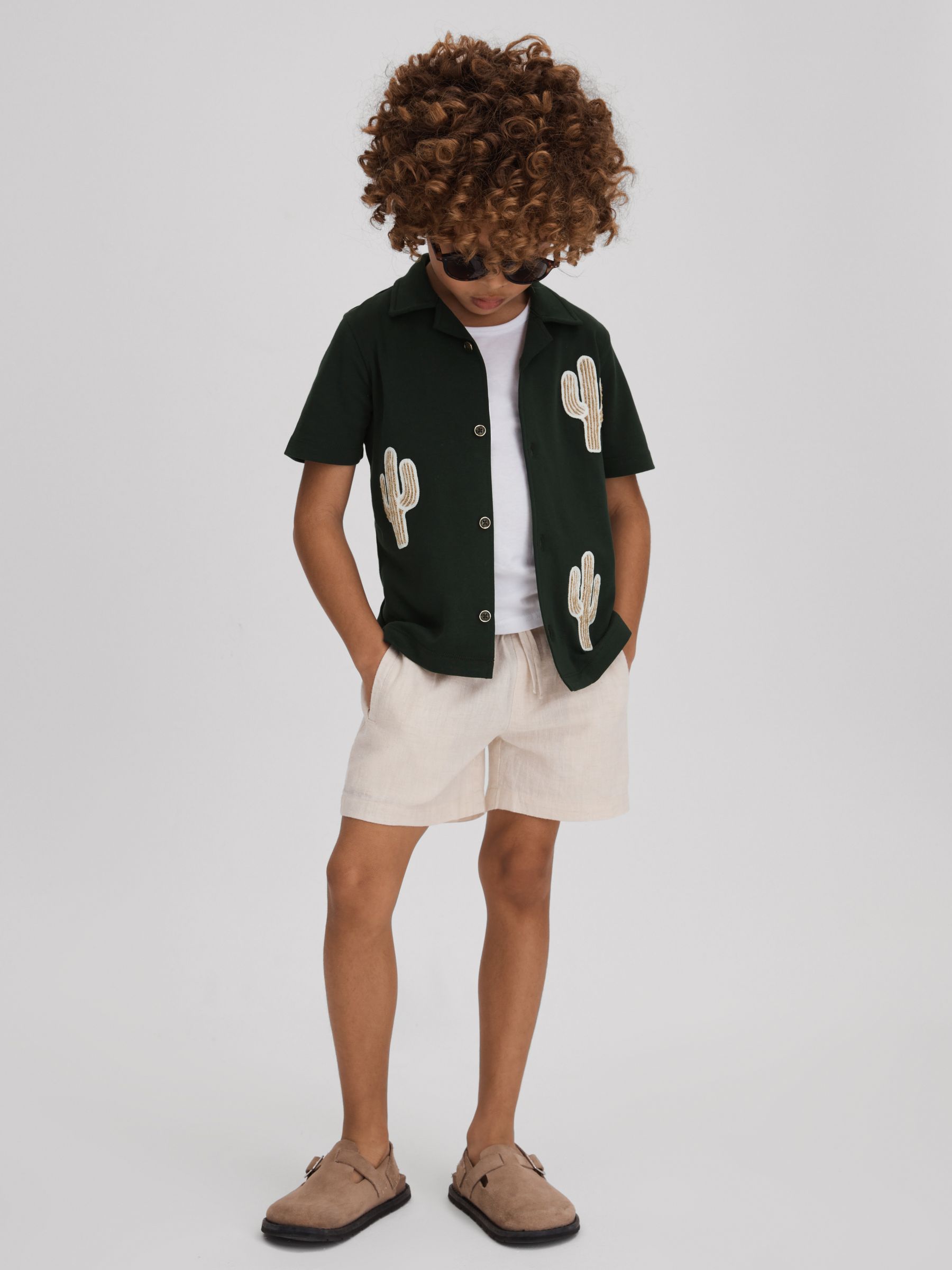 3-9 yrs Cotton Cactus Patch Cuban Collar Shirt in Dark Green - Image 2 of 4