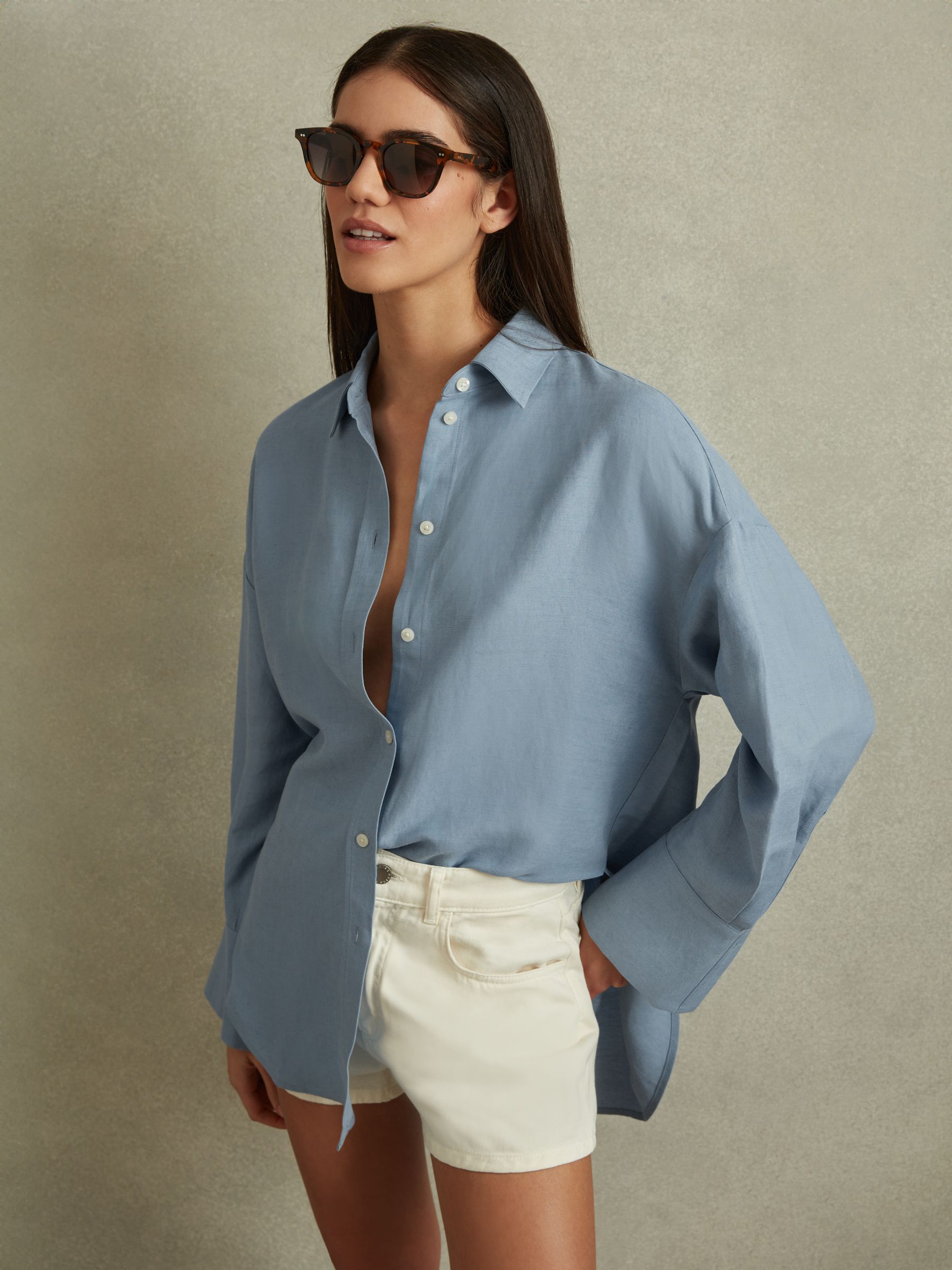 Relaxed Fit Lyocell Linen Button Through Shirt in Blue - Image 3 of 6