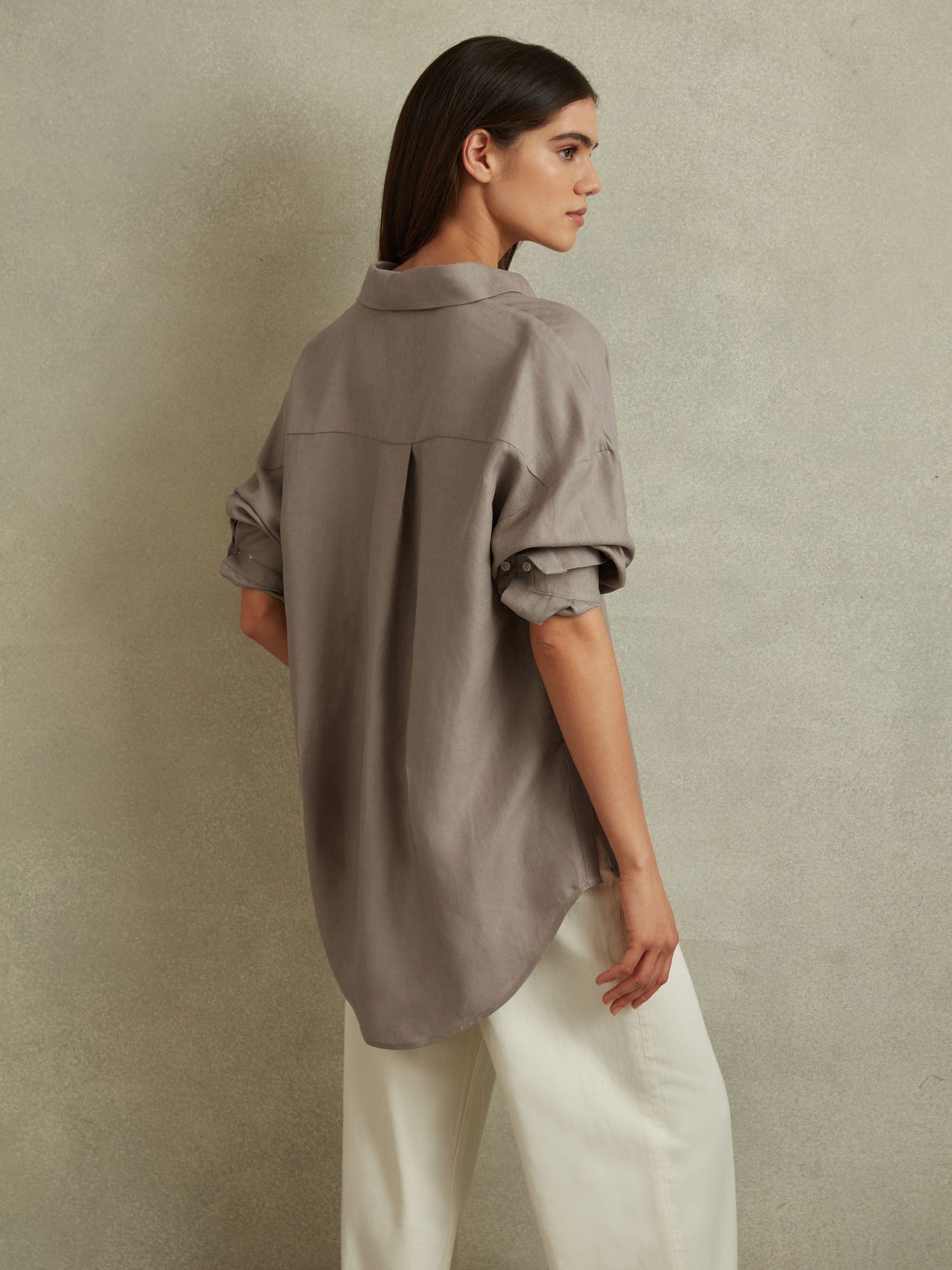 Relaxed Fit Lyocell Linen Button Through Shirt in Mink - Image 5 of 6