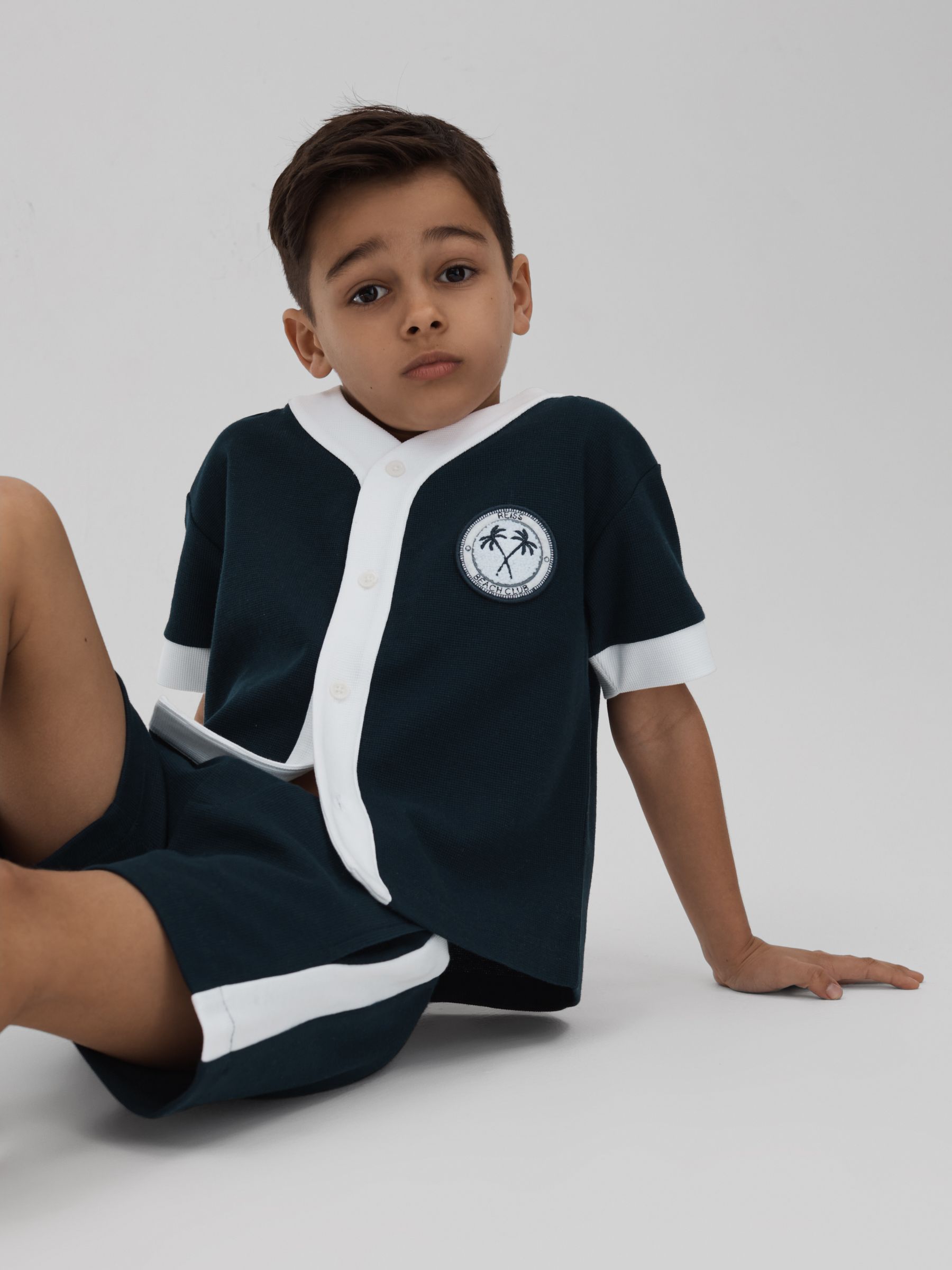 9-13 yrs Textured Cotton Drawstring Shorts in Navy/White - Image 3 of 4