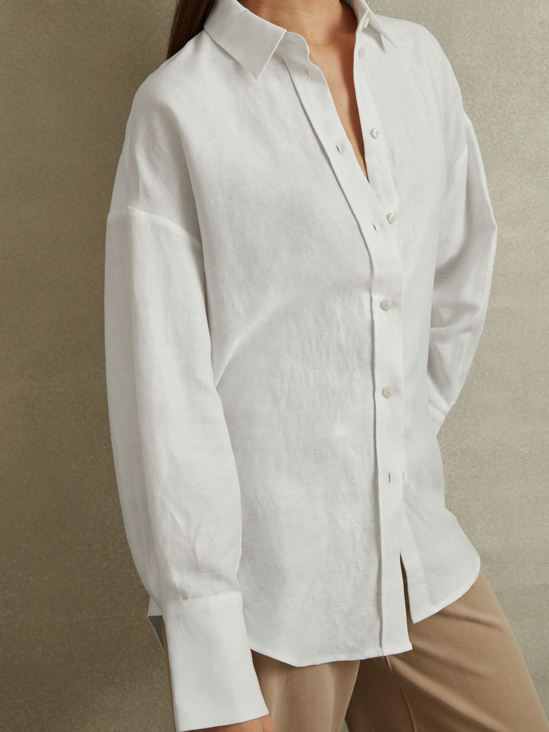 Relaxed Fit Lyocell-Linen Button-Through Shirt in White - Image 3 of 5