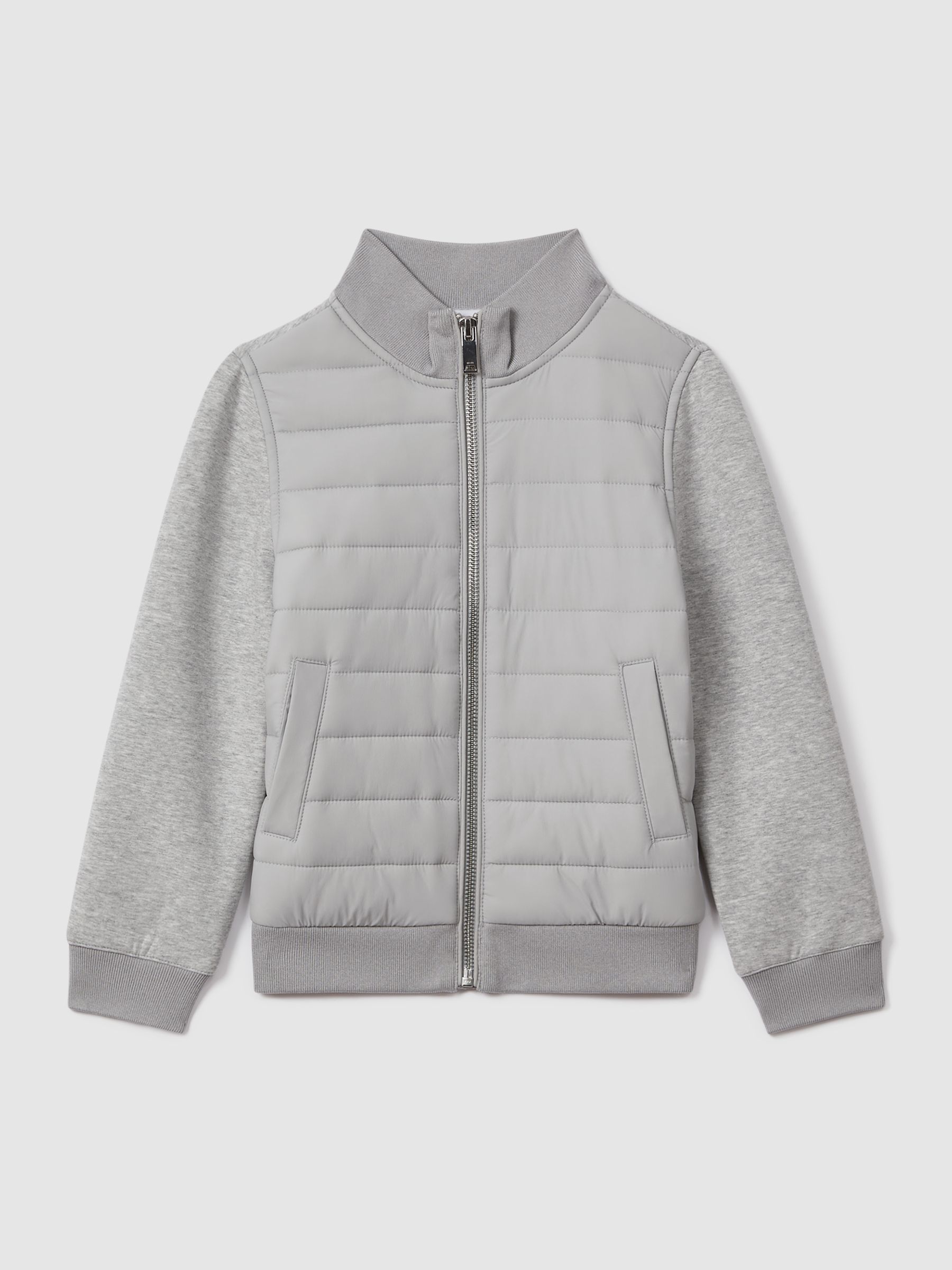 9-13 yrs Funnel Neck Quilted Hybrid Jacket in Grey Melange - Image 1 of 3
