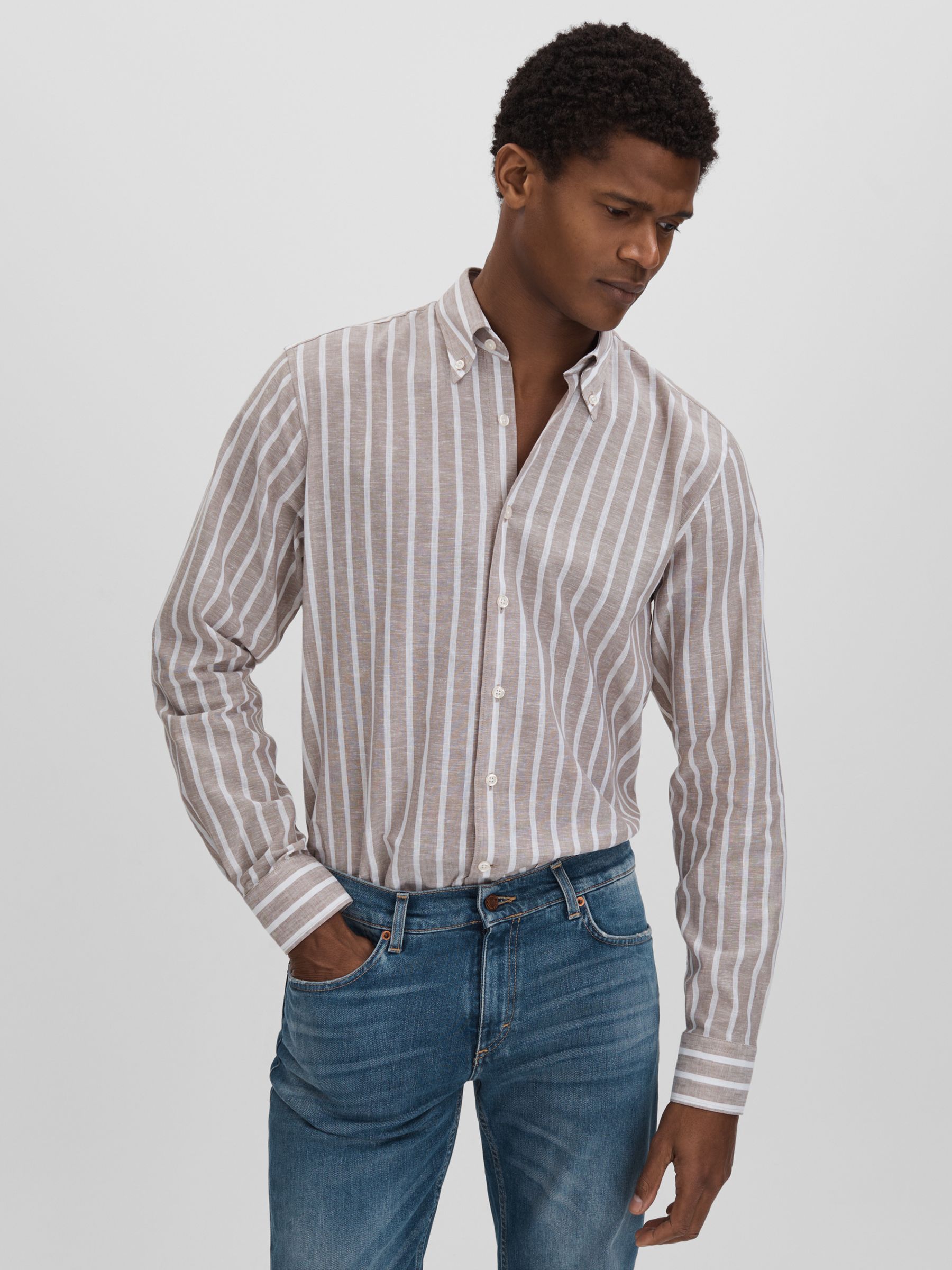 Oscar Jacobson Cotton-Linen Striped Shirt in Beige - Image 1 of 5