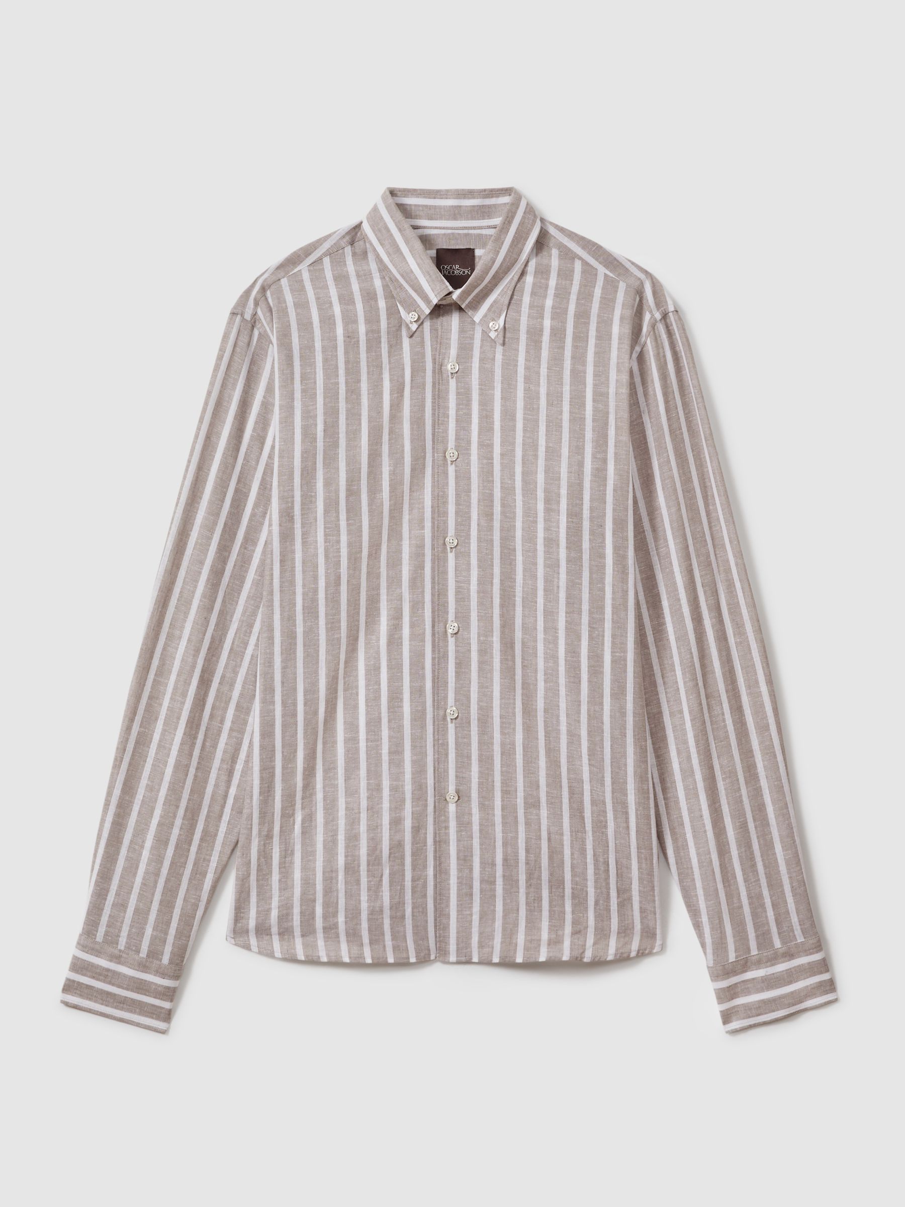 Oscar Jacobson Cotton-Linen Striped Shirt in Beige - Image 2 of 5