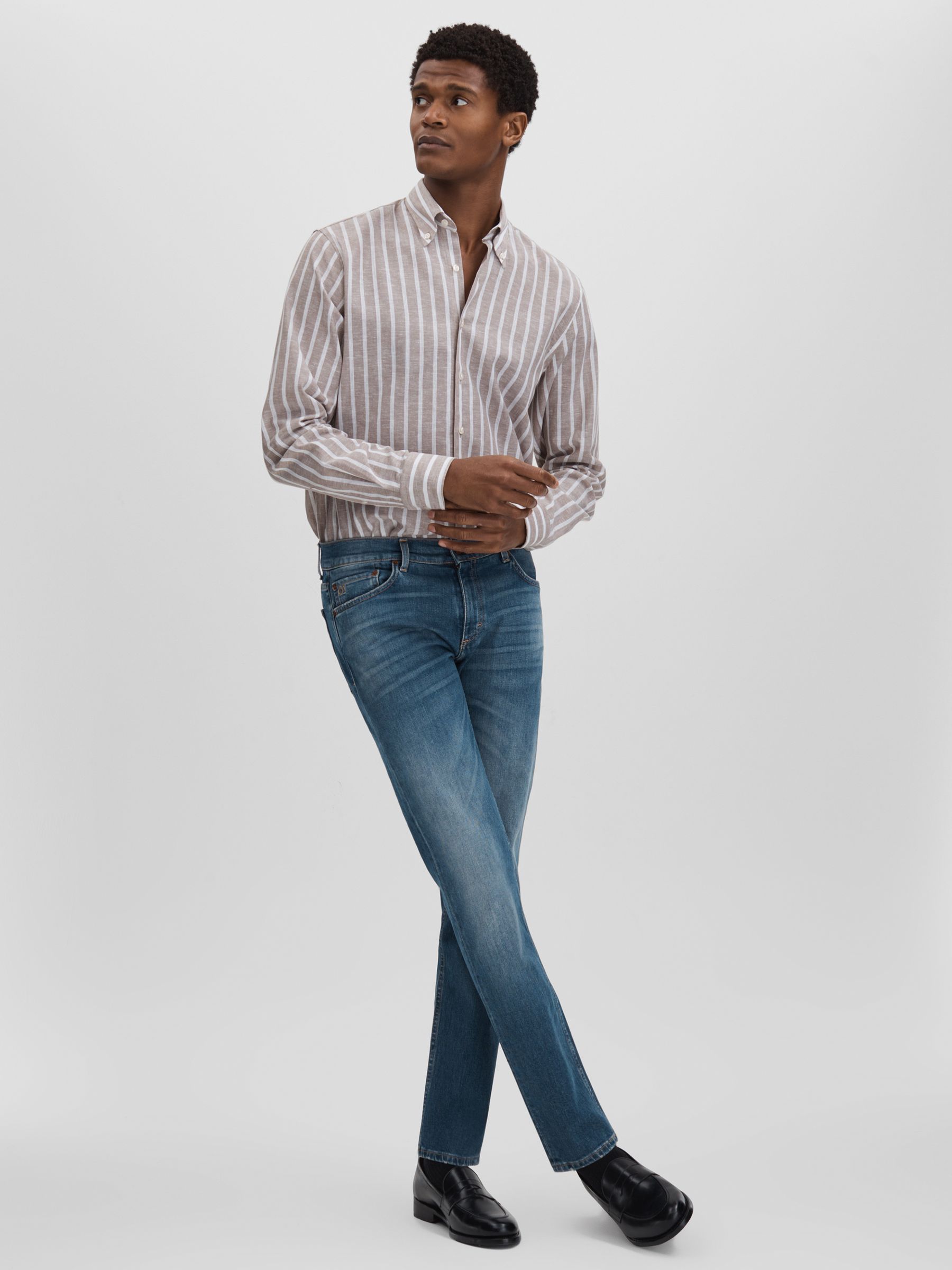 Oscar Jacobson Cotton-Linen Striped Shirt in Beige - Image 3 of 5