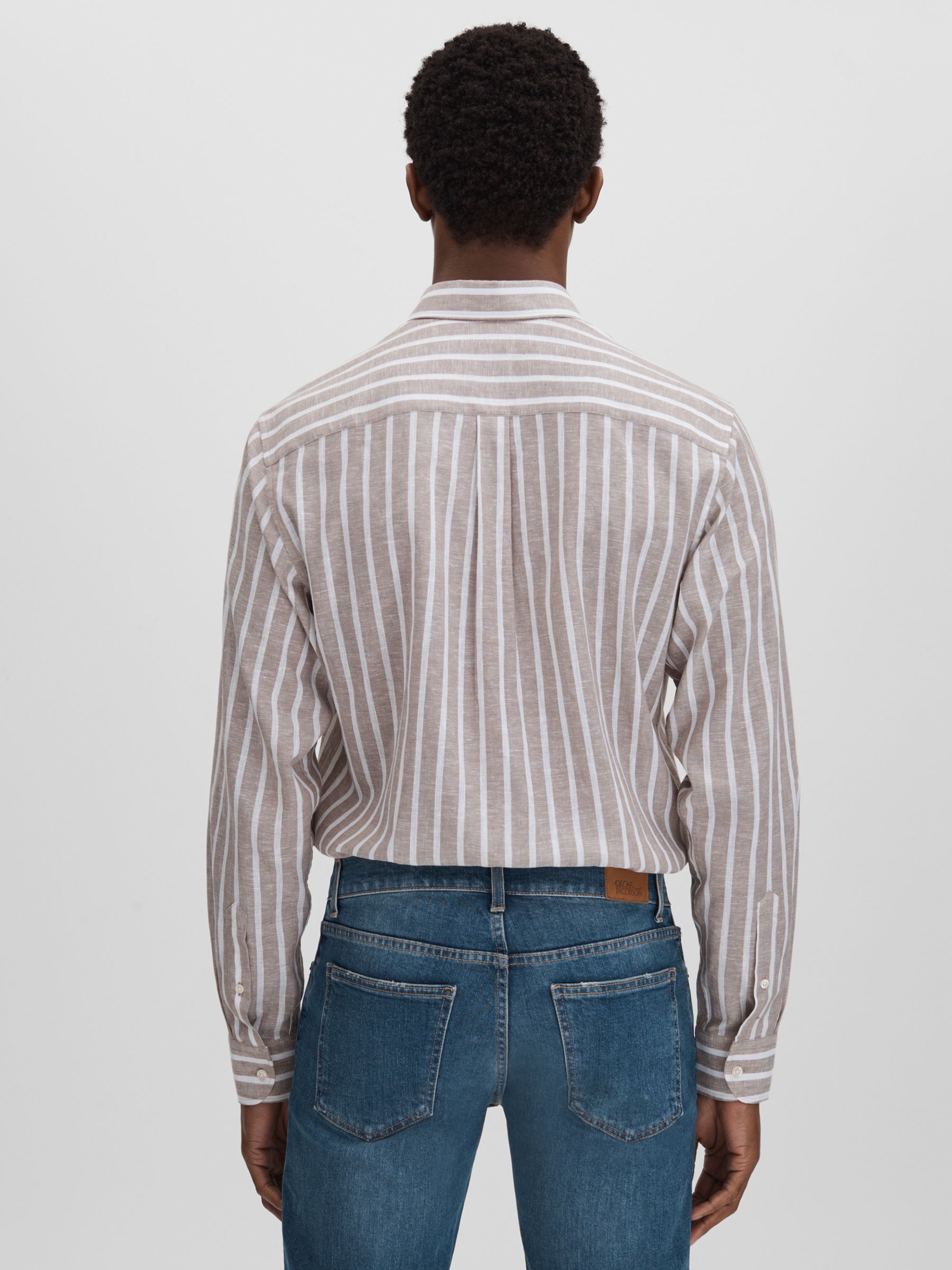 Oscar Jacobson Cotton-Linen Striped Shirt in Beige - Image 4 of 5
