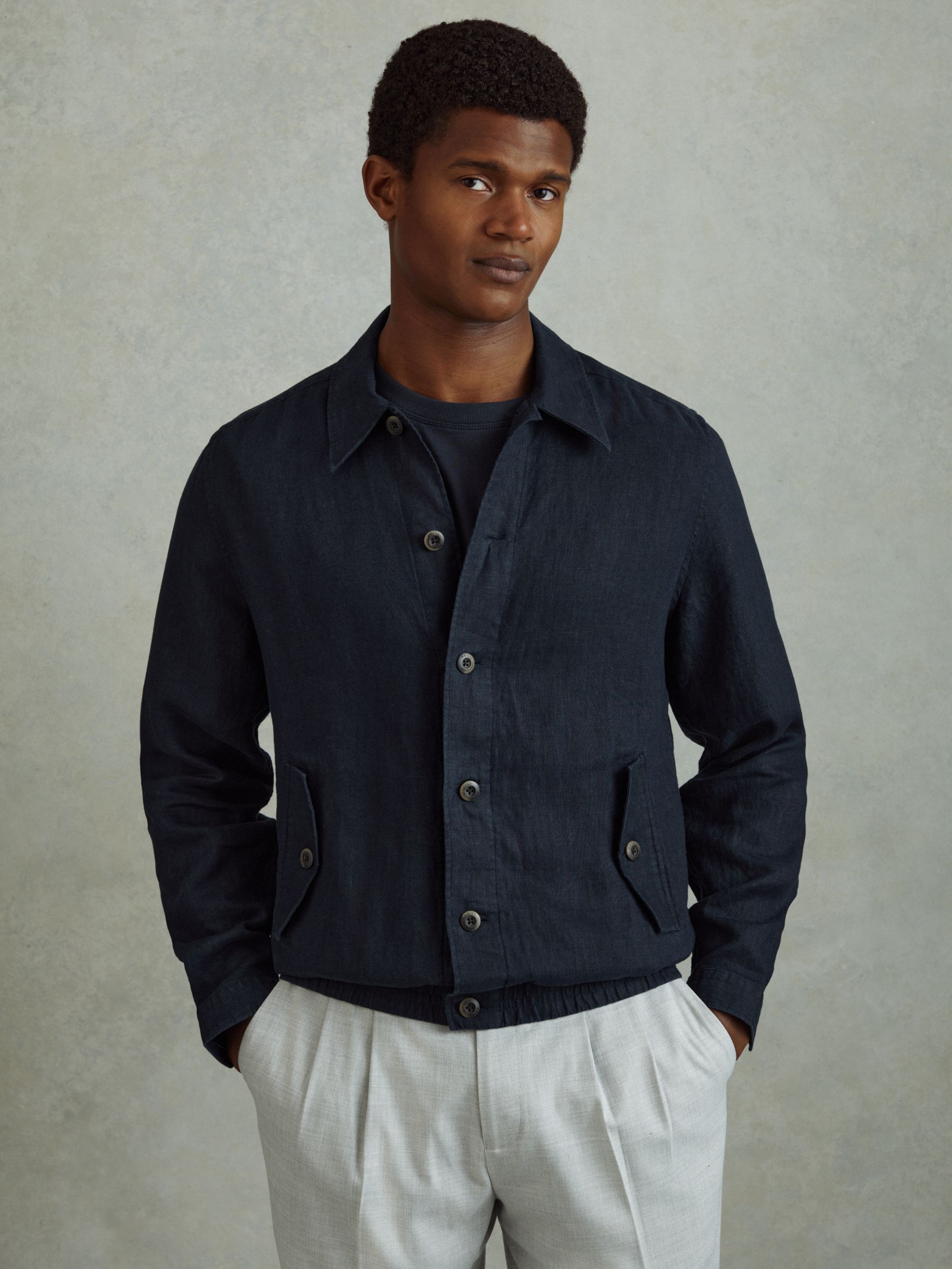 Linen Elasticated Hem Overshirt in Navy - Image 1 of 6