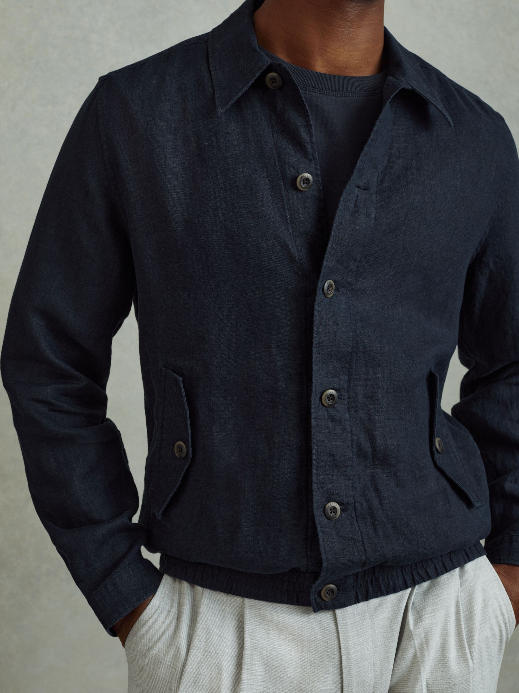 Linen Elasticated Hem Overshirt in Navy - Image 4 of 6