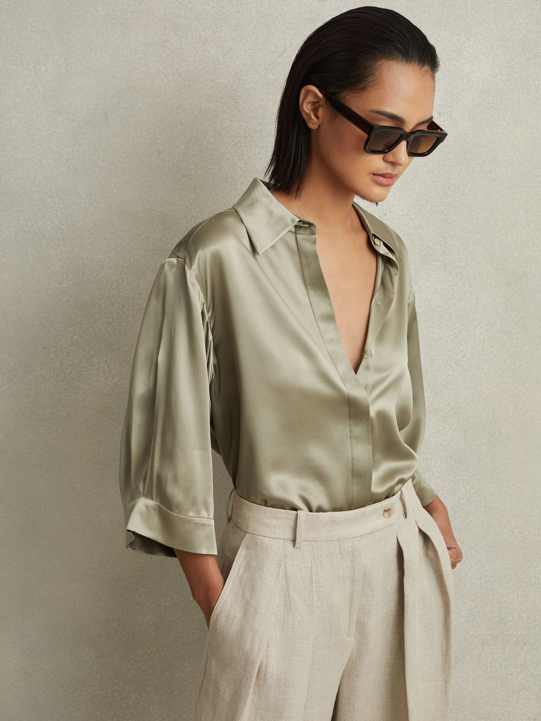 Silk Relaxed Sleeve Blouse in Khaki - Image 1 of 6