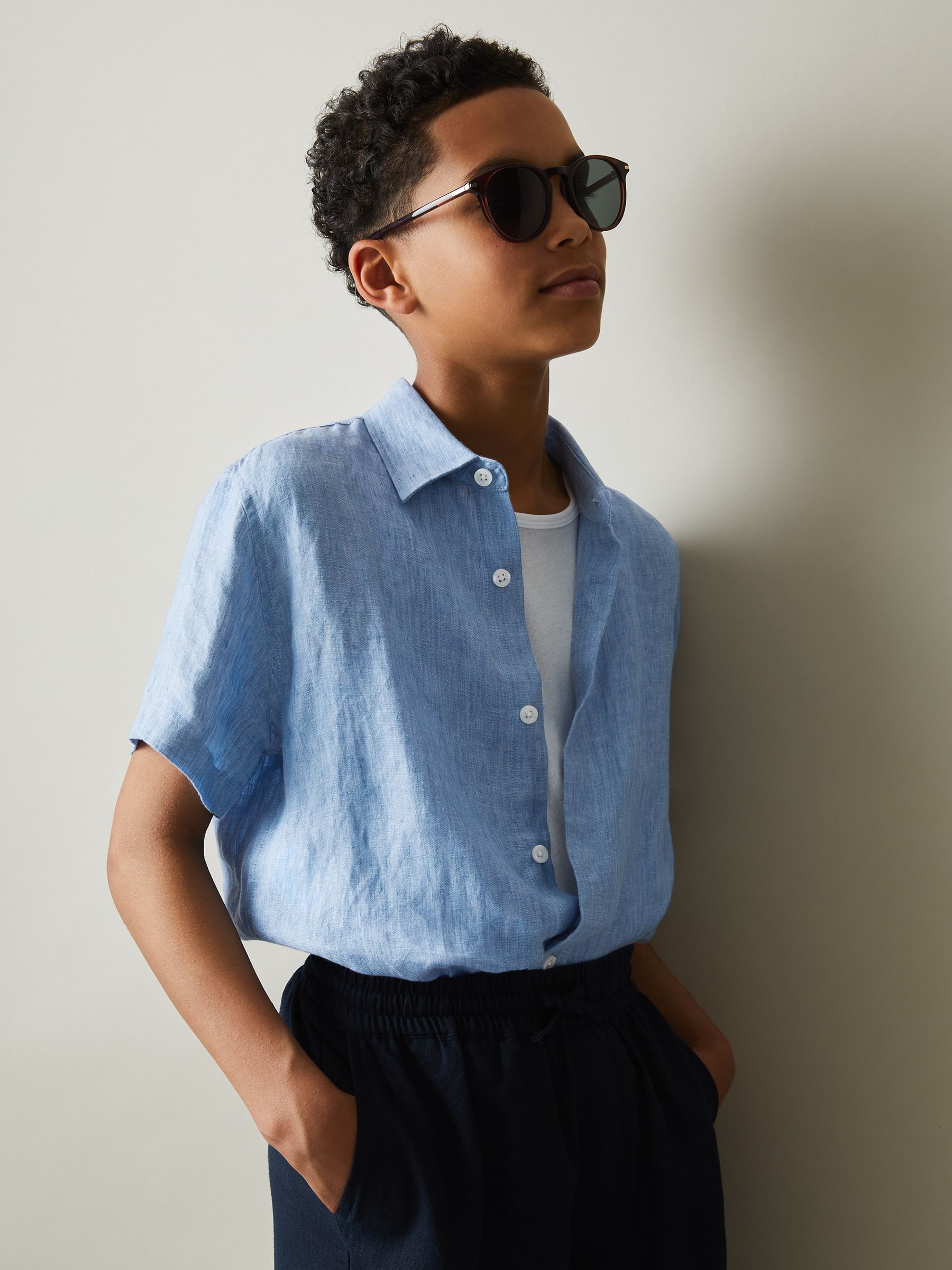 13-14 yrs Short Sleeve Linen Shirt in Soft Blue - Image 3 of 4