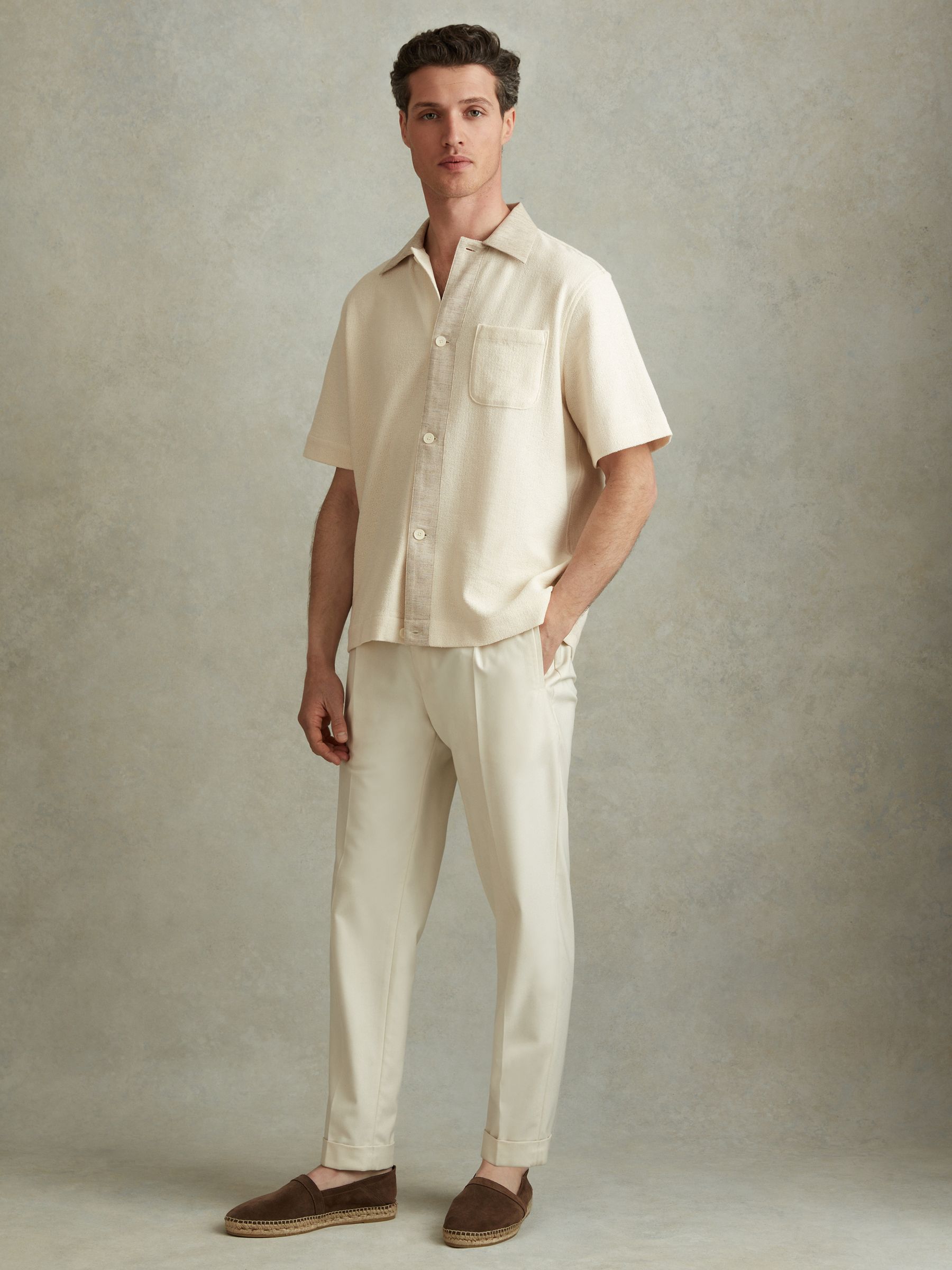 Textured Cotton Blend Contrast Shirt in Ecru - Image 3 of 6