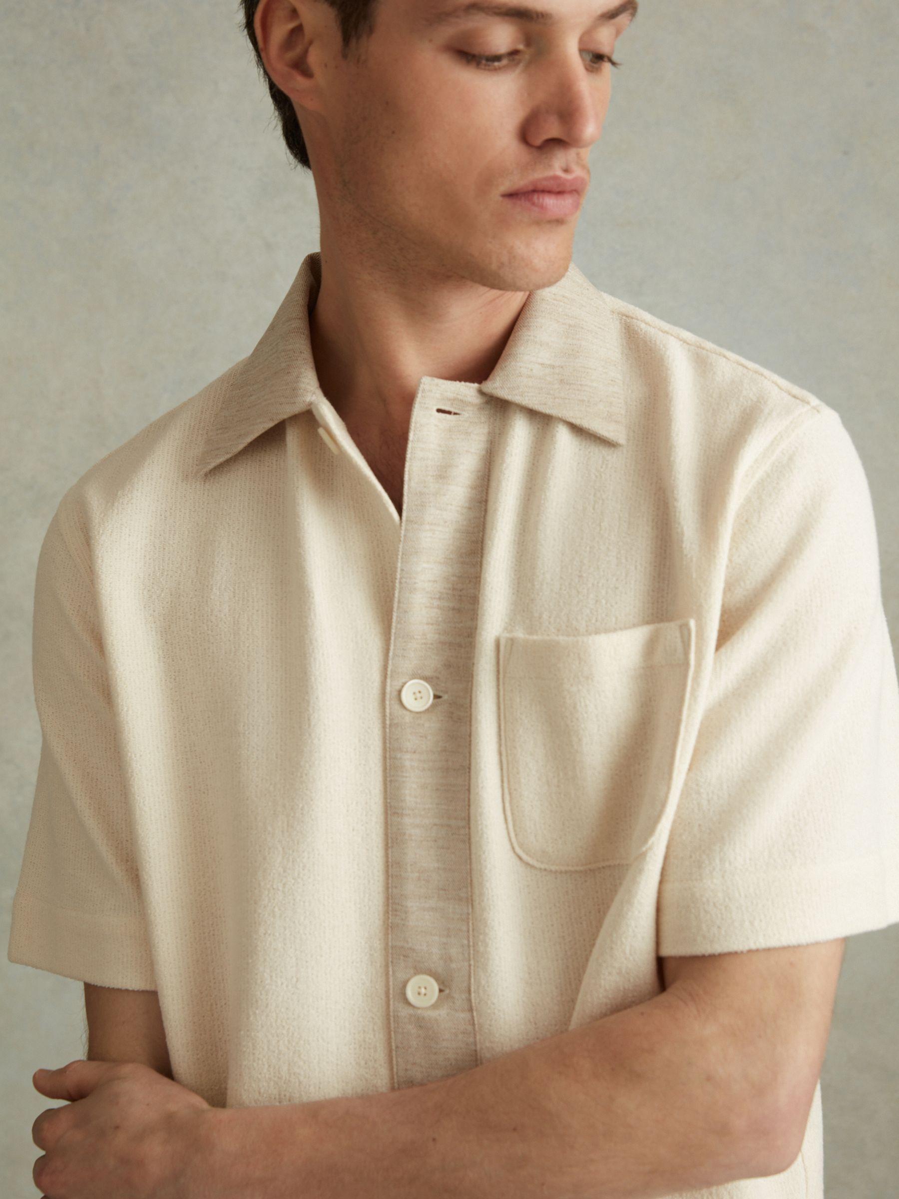 Textured Cotton Blend Contrast Shirt in Ecru - Image 4 of 6