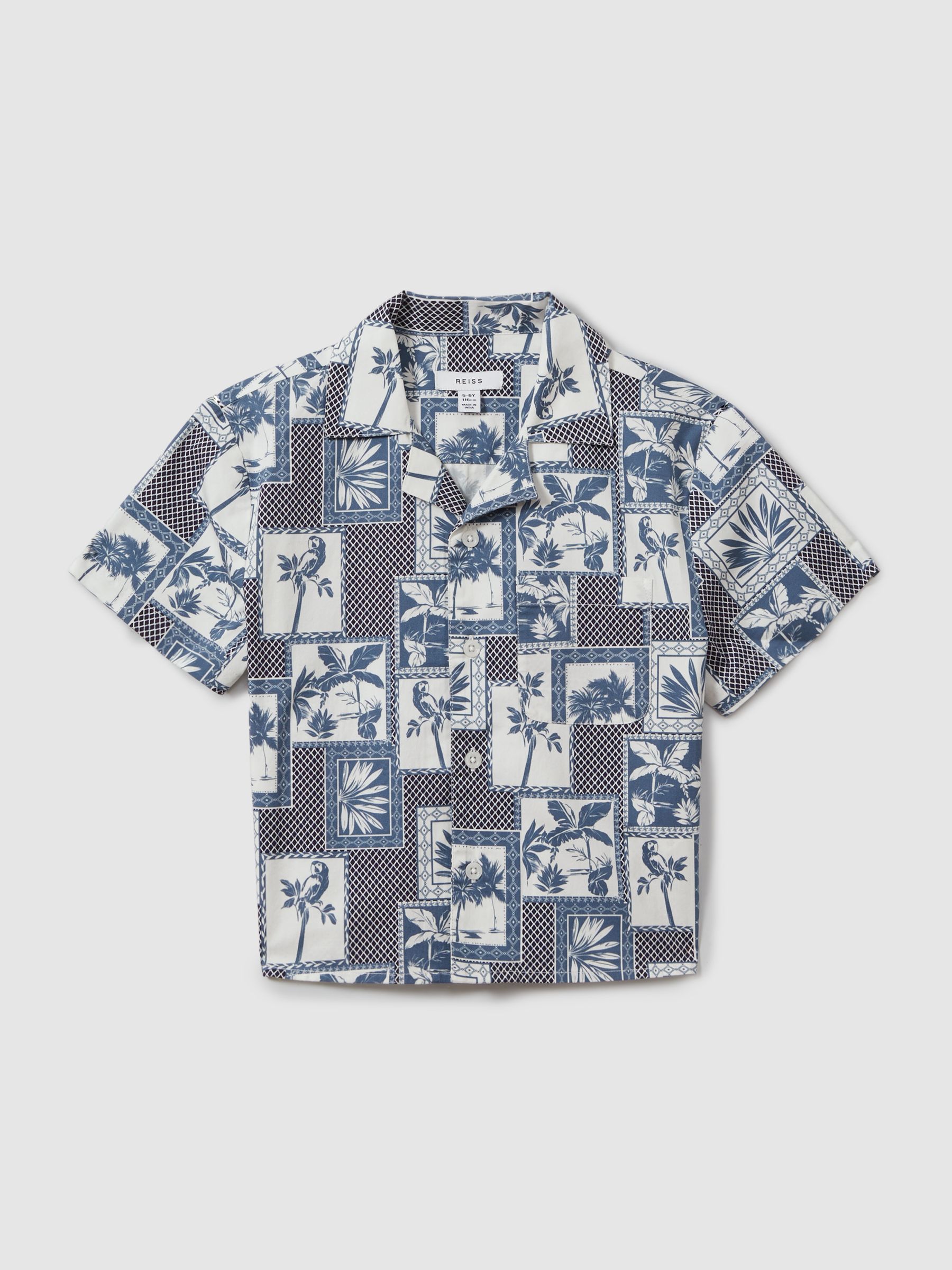 Cotton Blend Collage Cuban Collar Shirt in Airforce Blue - Image 1 of 4