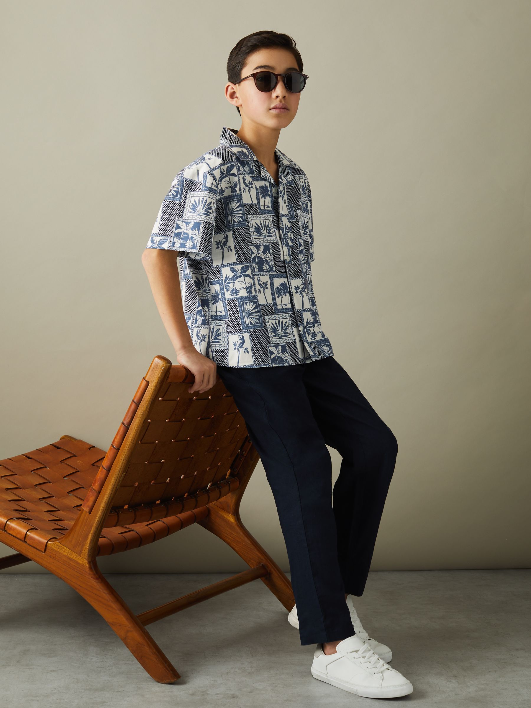 Cotton Blend Collage Cuban Collar Shirt in Airforce Blue - Image 3 of 4