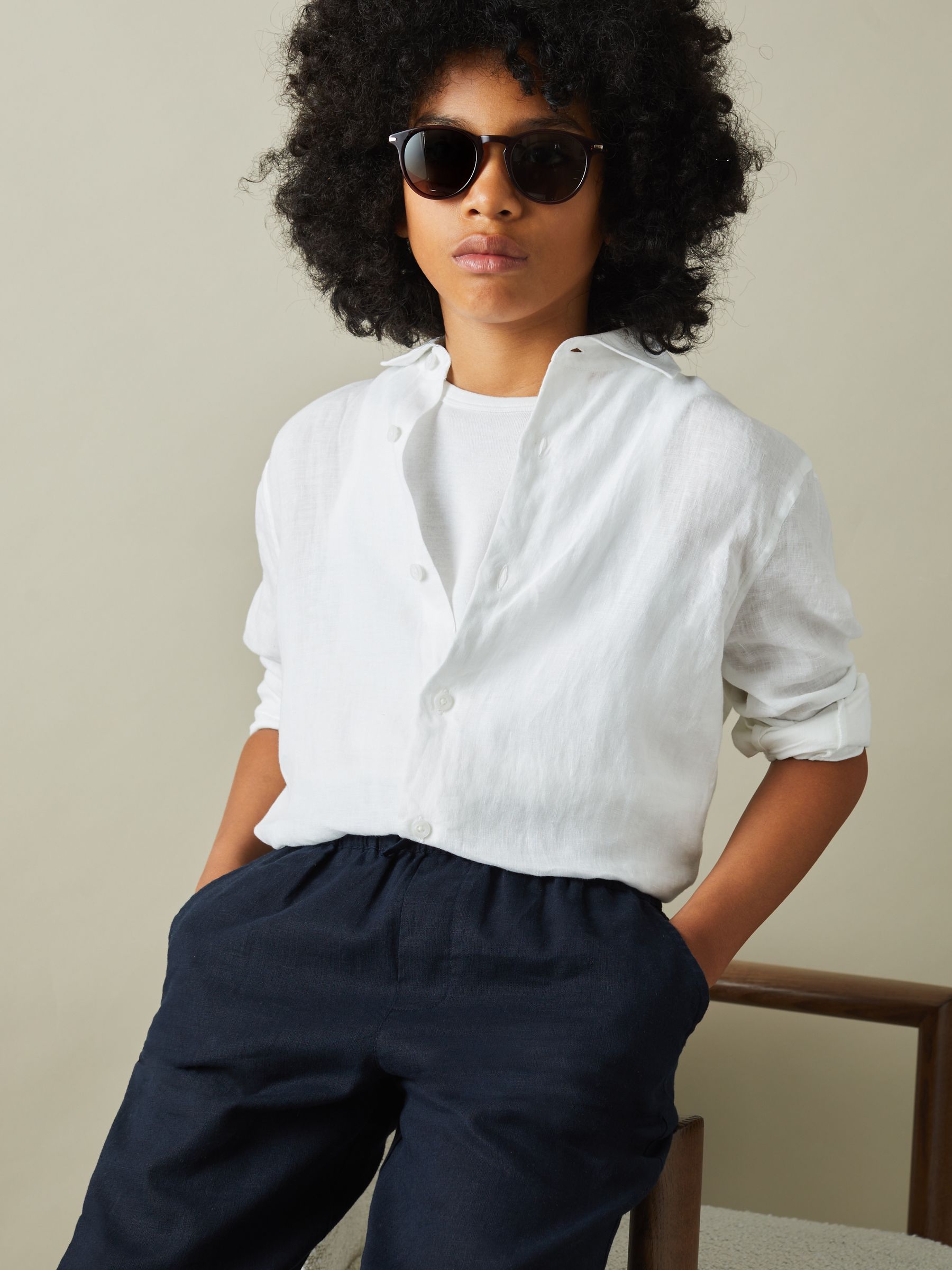 13-14 yrs Striped Linen Cutaway Collar Shirt in White - Image 3 of 4