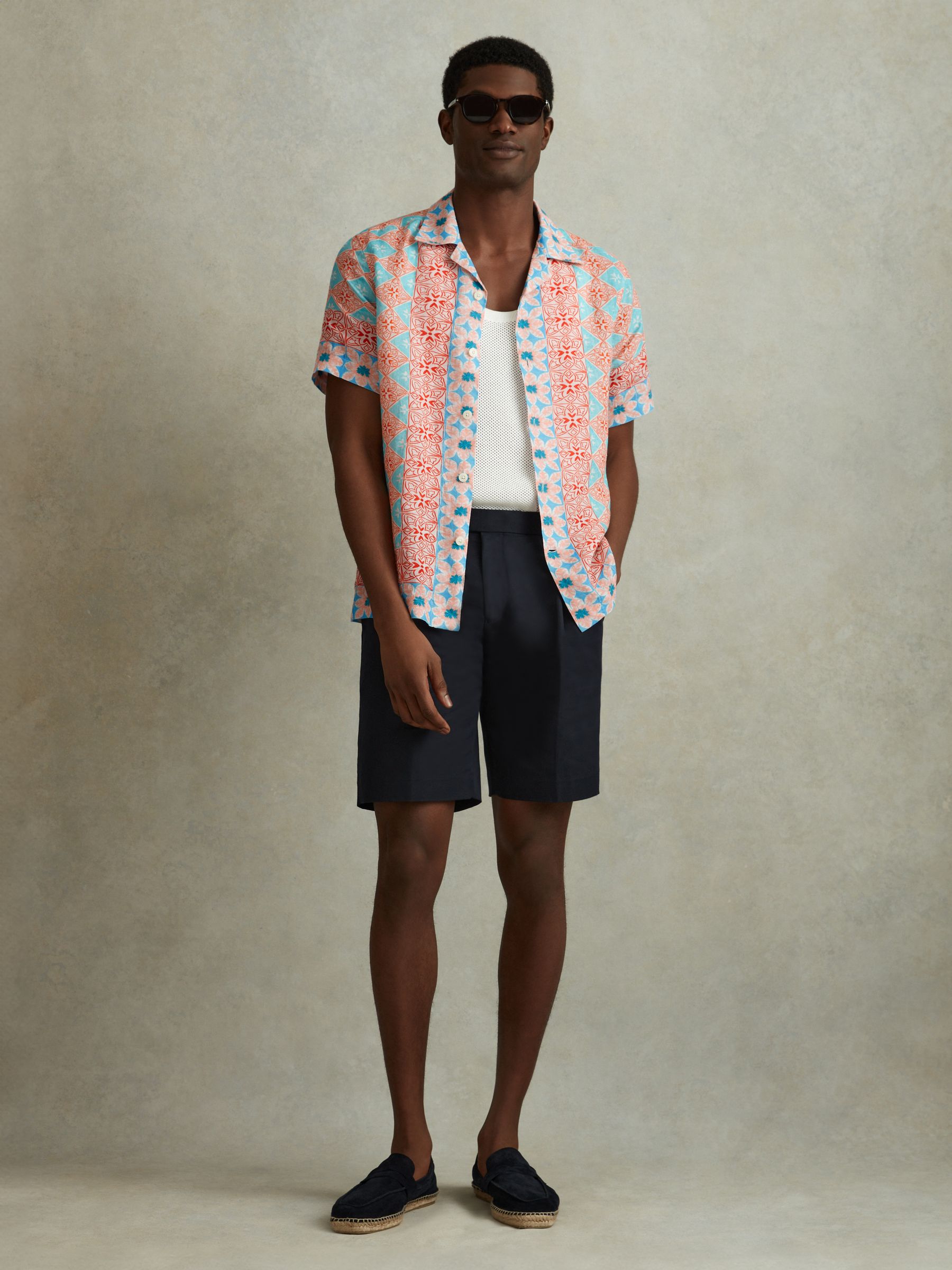 Linen Printed Cuban Collar Shirt in Orange Multi - Image 1 of 6
