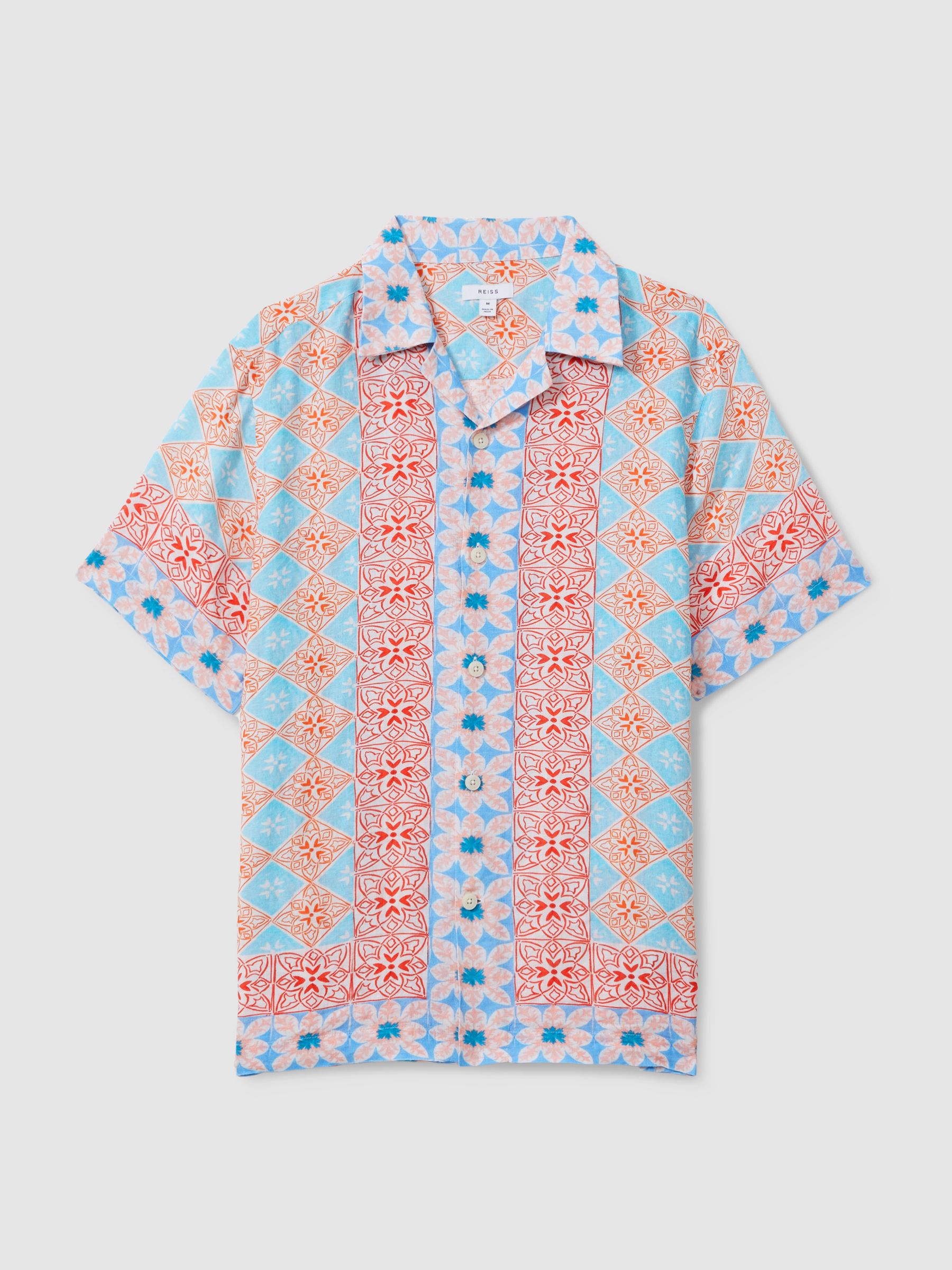 Linen Printed Cuban Collar Shirt in Orange Multi - Image 2 of 6