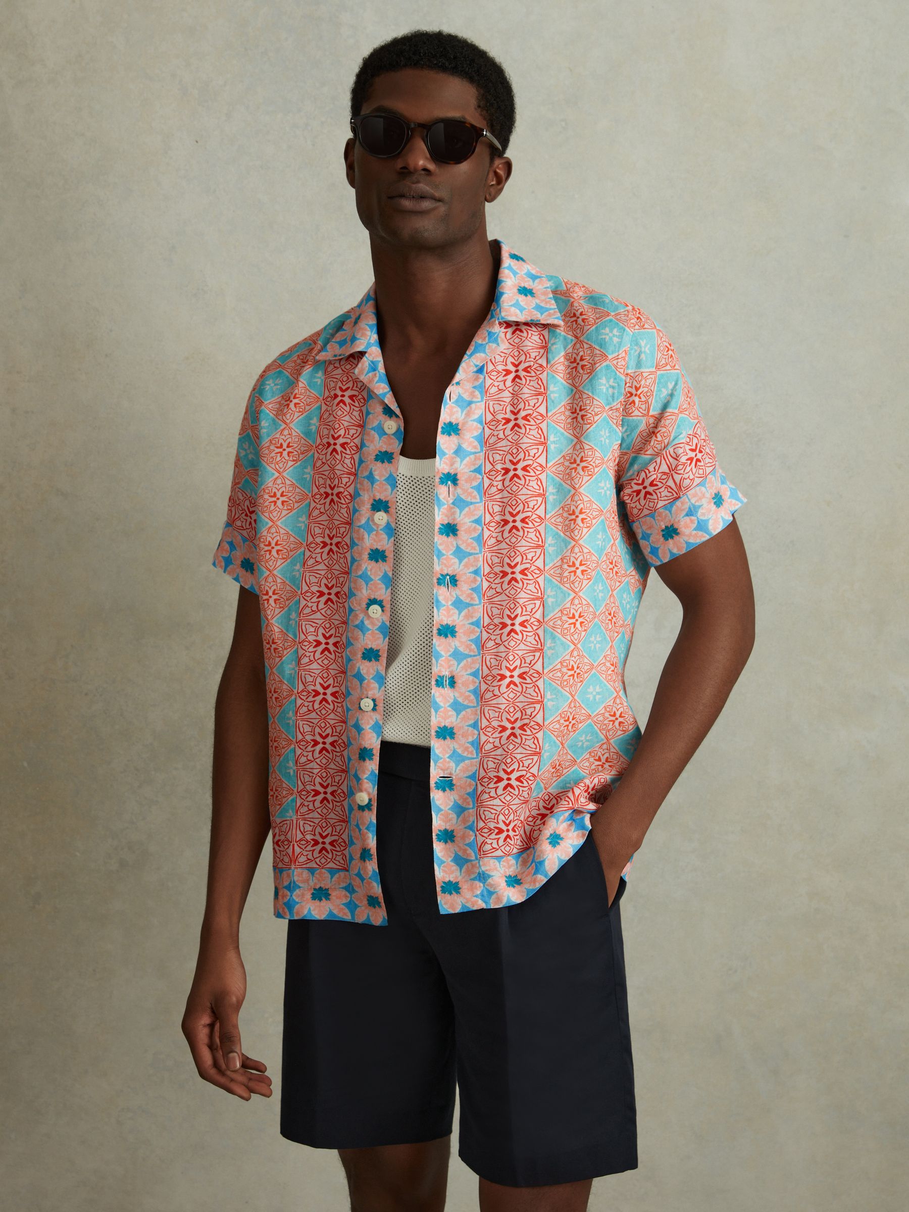 Linen Printed Cuban Collar Shirt in Orange Multi - Image 3 of 6