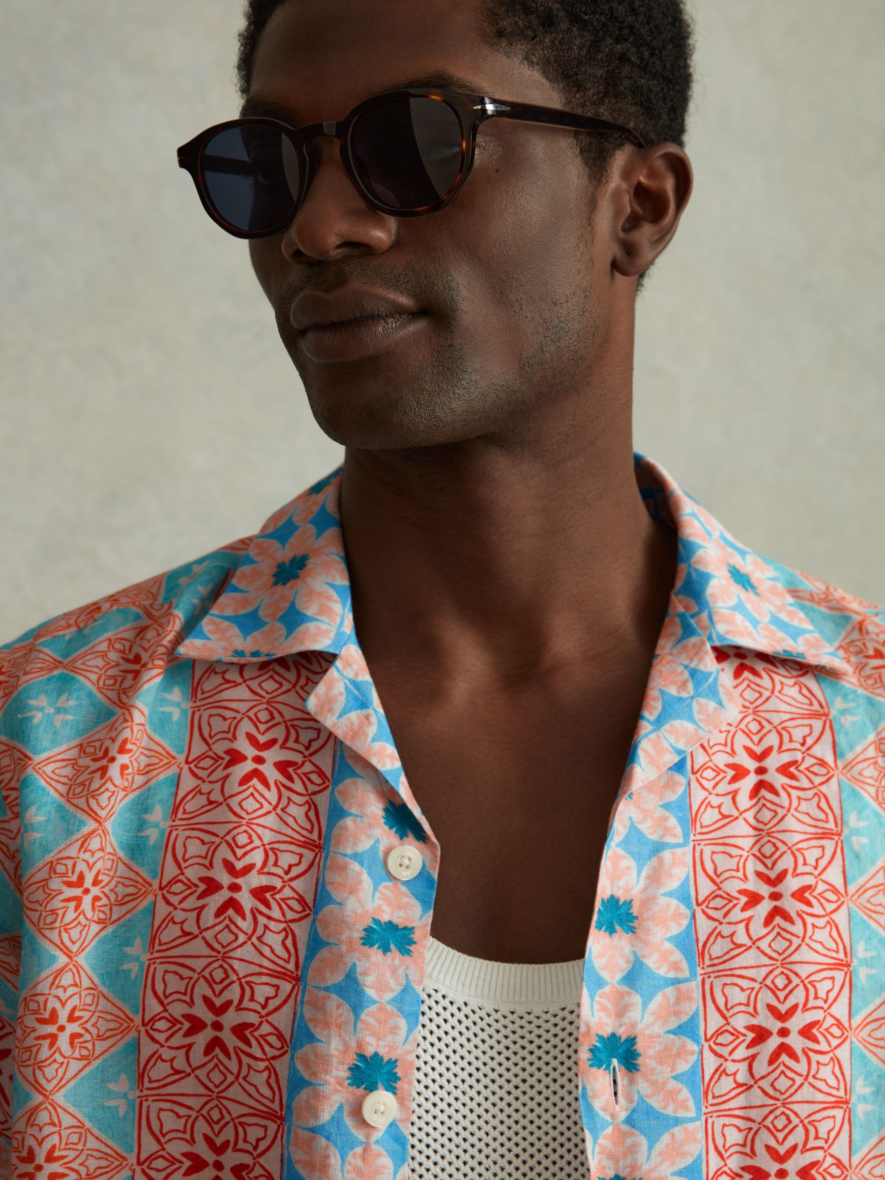 Linen Printed Cuban Collar Shirt in Orange Multi - Image 4 of 6