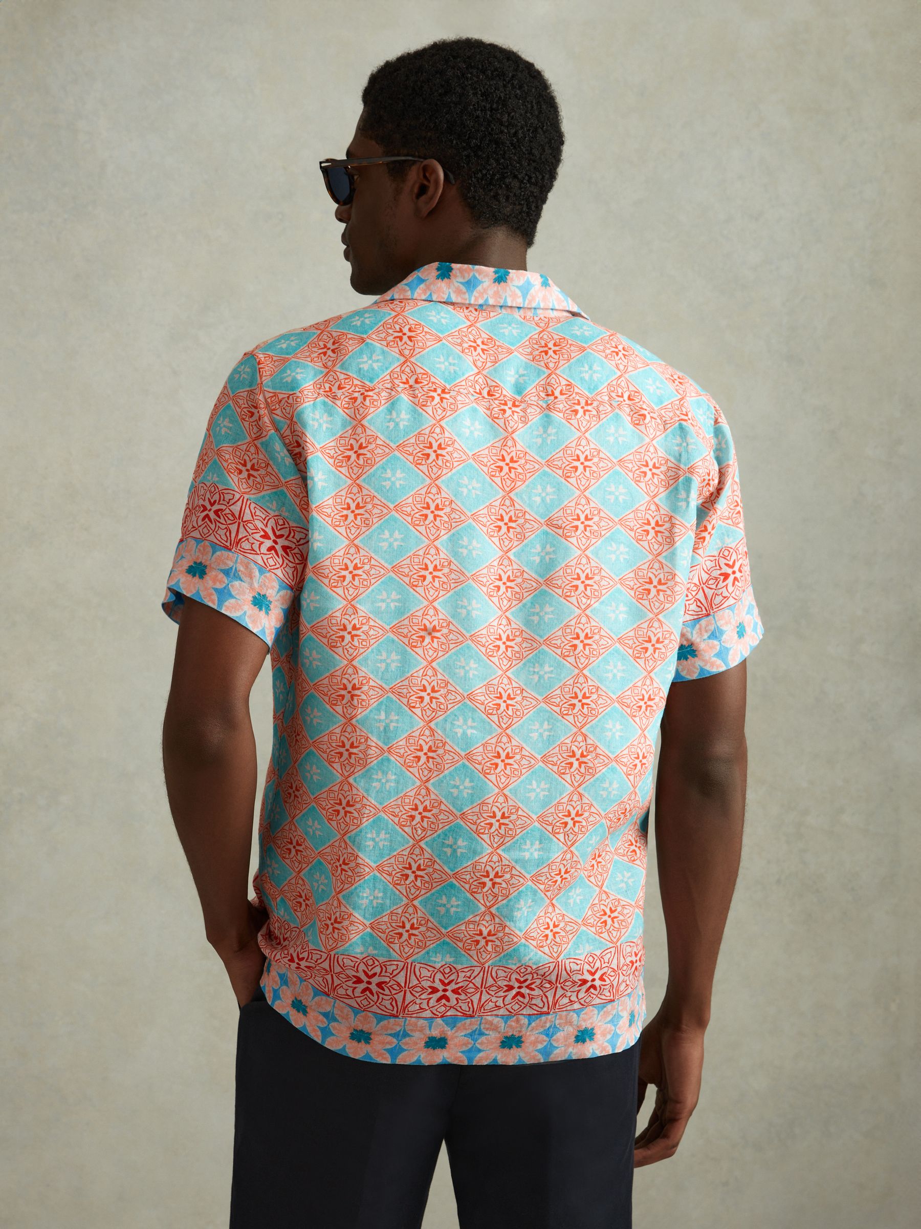 Linen Printed Cuban Collar Shirt in Orange Multi - Image 5 of 6
