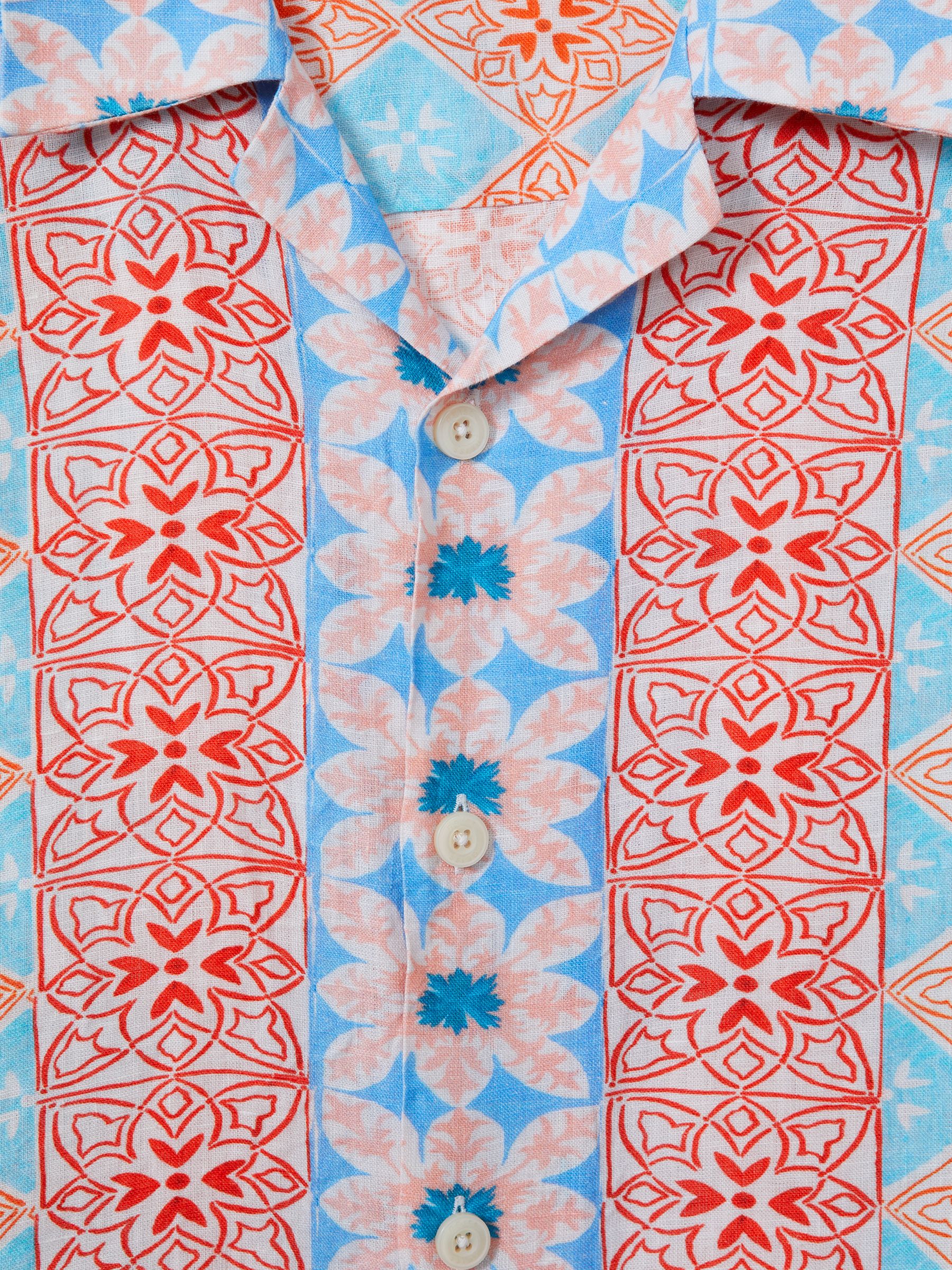 Linen Printed Cuban Collar Shirt in Orange Multi - Image 6 of 6